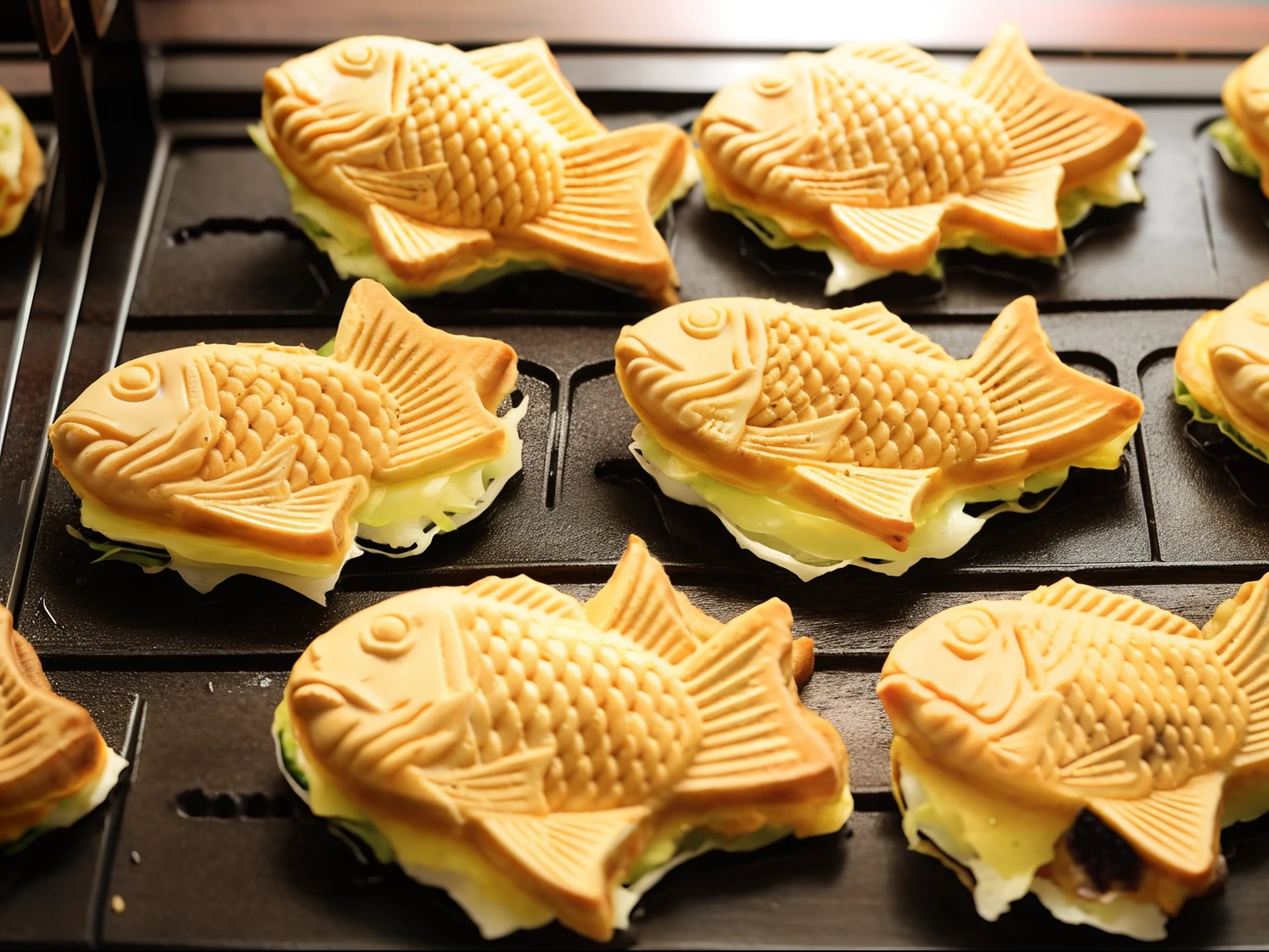 fish shaped taiyaki are grilled side by side on the iron plate