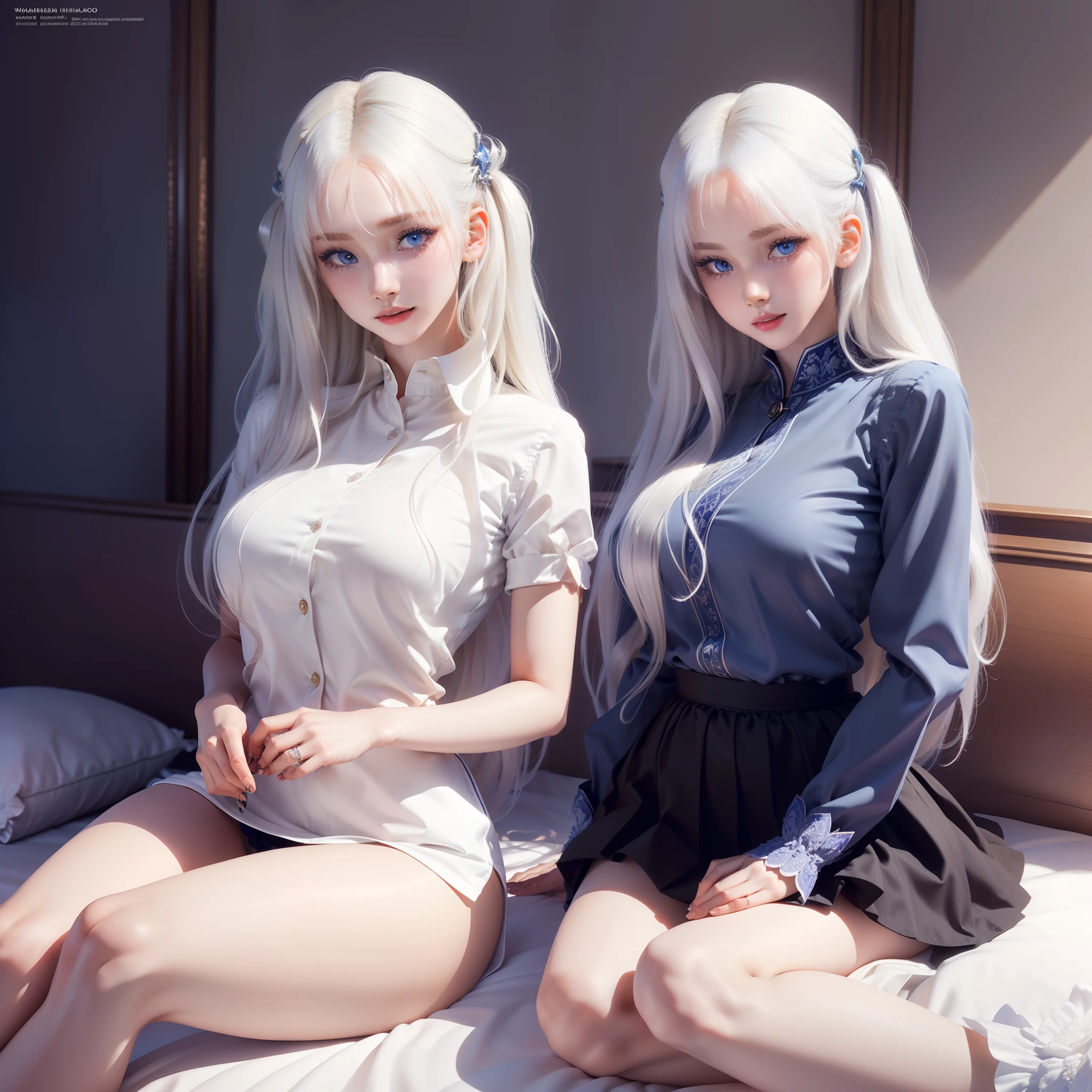 (Masterpiece), (Best quality), (Ultra-detailed),(Best shadow:0.7), (Best Illustration), (An extremely delicate and beautiful), Photorealistic, finedetail, 1girll, Solo, full bodyesbian, on top of the bed, Sitting, (wariza:1.22) finely detailed iris, Fine hair, (sound) from kantai collection, White hair, Blue eyes, shirt