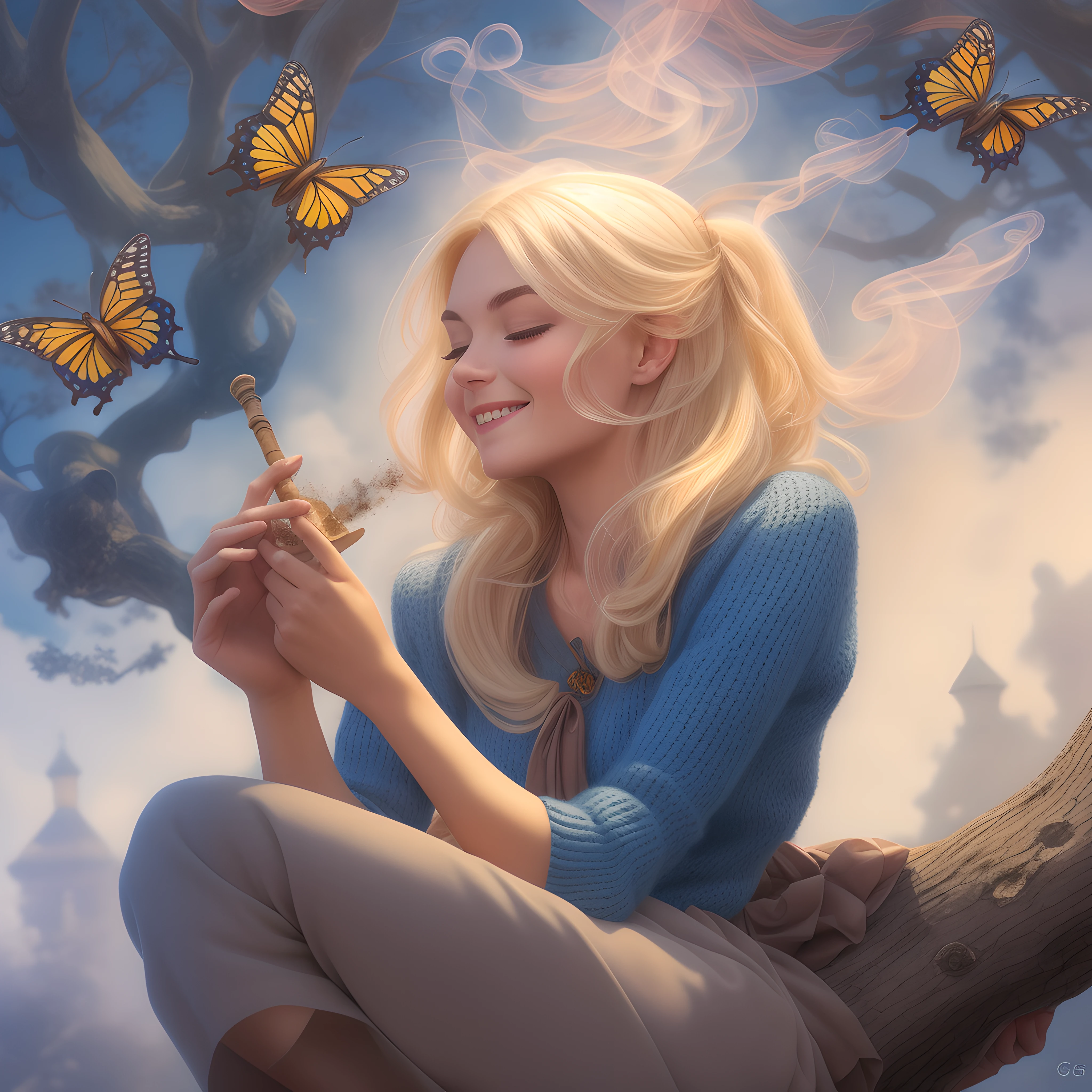 Gwen Stacy sits relaxed under a tree, smiling sweetly as she puffs on an ornately carved wooden pipe. Swirls of smoke rise up, slowly enveloping her in a hazy cloud. Her blonde hair and blue coat blend into the mist, so only her kind grin is visible, bright eyes shining warmly. The smoke takes whimsical shapes, forming books, beakers and fluttering butterflies that circle around Gwen's head before dissipating into the serene blue sky. Though immersed in her own world, Gwen radiates an aura of gentle tranquility.
In the foreground, Gwen sits with legs crossed under an old oak, leaning casually against the trunk. Her cozy sweater and skirt drape around her petite body. In her dainty hand she holds the carved pipe, its bowl emitting steady smoke that rises in tendrils. Gwen's eyes are closed lightly, face peaceful and sweet.
As the smoke dances, it transforms into academia around her. A butterfly flutters left, a book floats right, a beaker bubbles overhead. The smoke swirls higher against the bright sky, forms blending into mist. Sunlight filters through leaves, illuminating Gwen's lovely face. Though enveloped in smoke, she emanates warmth and contentment, lost in her own world of innocence.