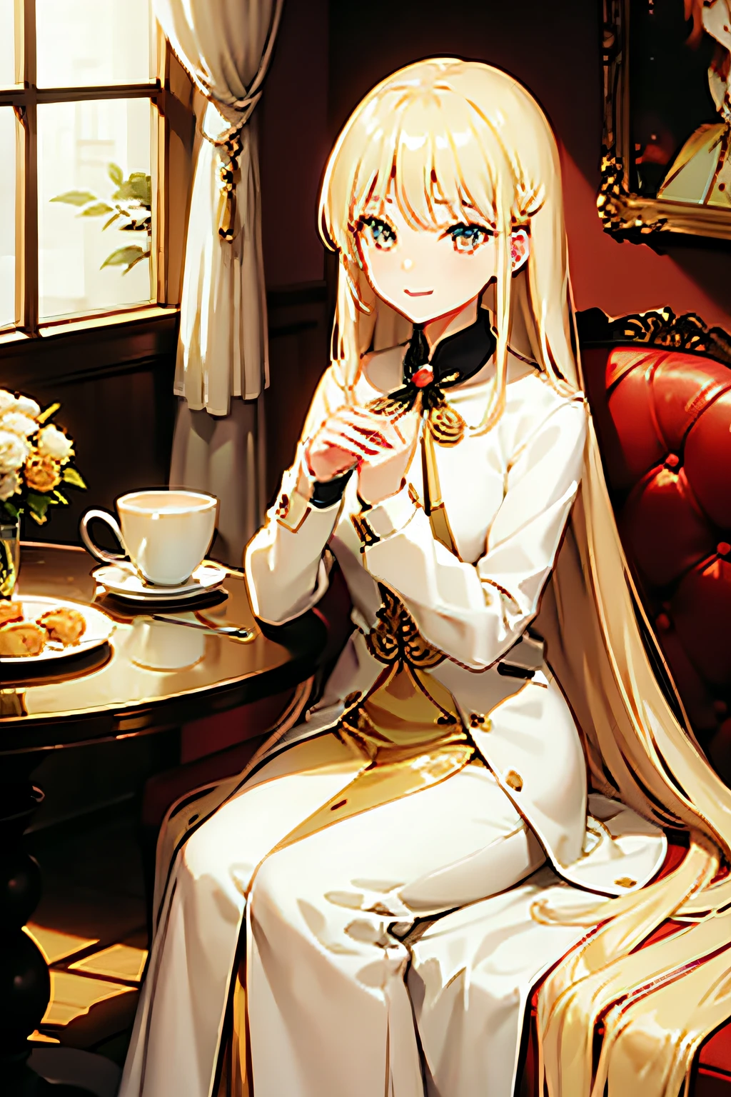 "Elegant blonde girl,Golden-eyed smile,Sit in a cozy café。Long hair scattered over the shoulders,Qi bangs cover the forehead。She wore a golden dress,Showing tenderness and pampering qualities。"