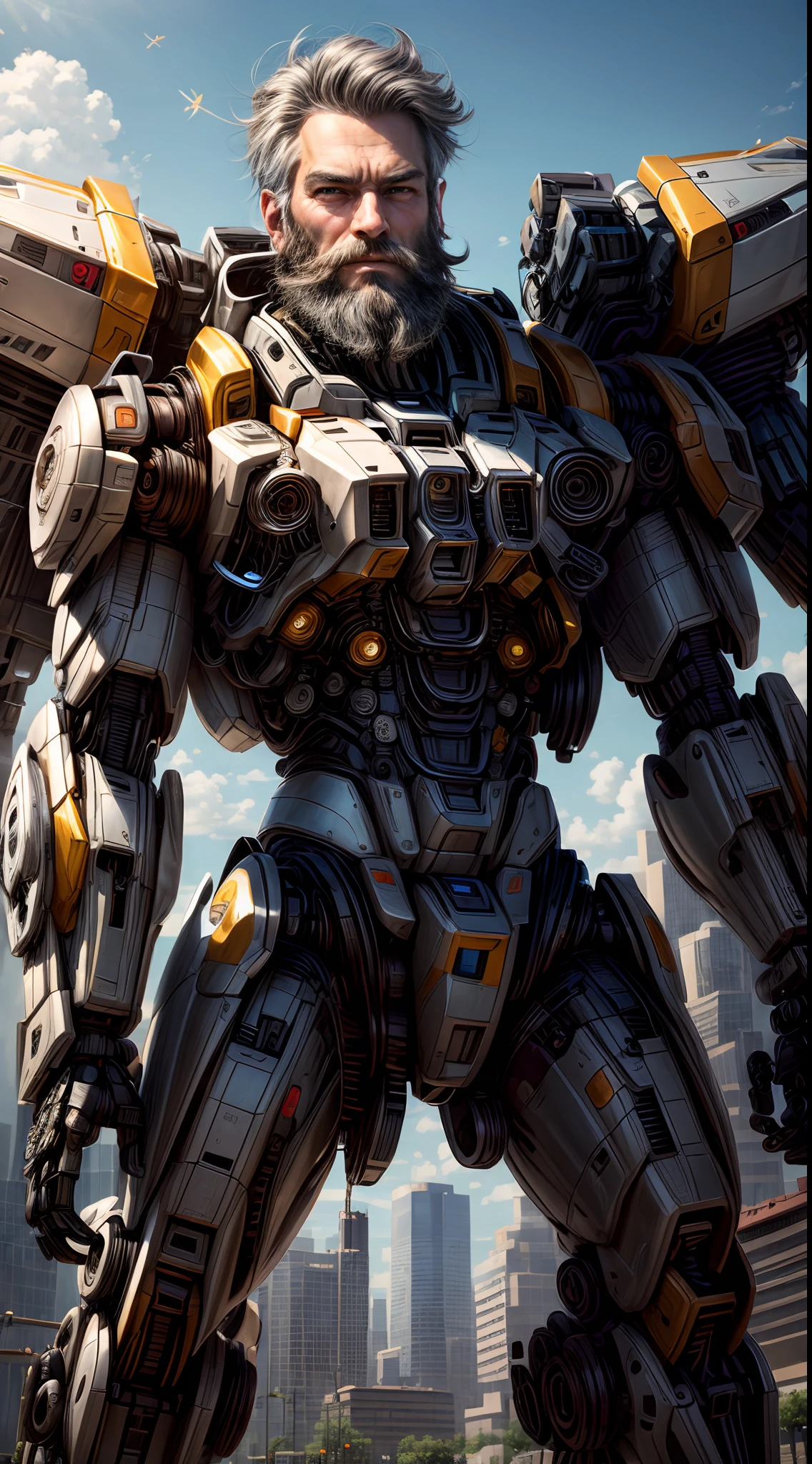 ((master-piece, Better quality)),illustration,8K Special Details,photorealistic portrait,crisp focus, high-detail, professional light, Colorful details, Rainbow ruined the plant's long-standing plans.., Construction of large mechanical robots, microchip, computer, glossy, intricate detailed, Shitu-mecha, 1 man standing next to mecha, gundam, whiskers, beard., ultra detailed eyes, Gray Hair, beautidul eyes., shining eyes, Beautifully drawn eyes