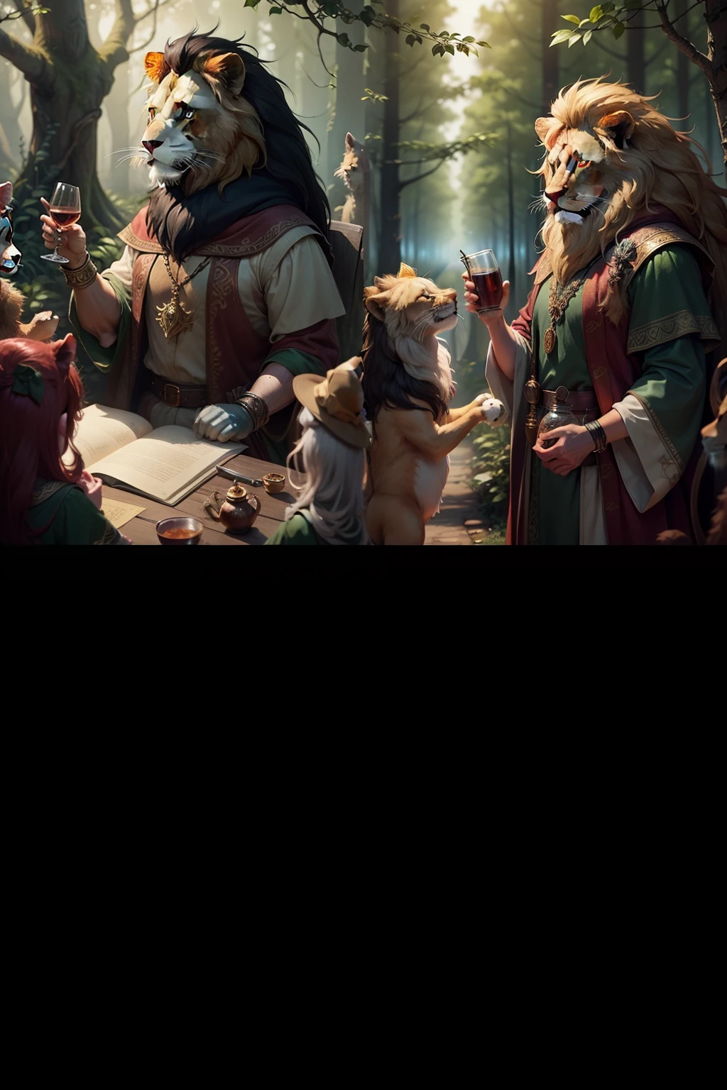 Lion handing out enchanted potions to a row of other different forest animals