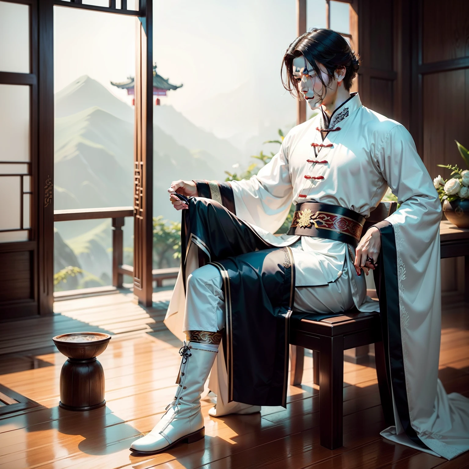 A handsome noble son of ancient China,with fair skin,Wearing a white Hanfu,He wore a pair of white cloth boots on his feet,Sit quietly on a wooden chair,your legs,The environment is dark,Dark light,Low saturation,