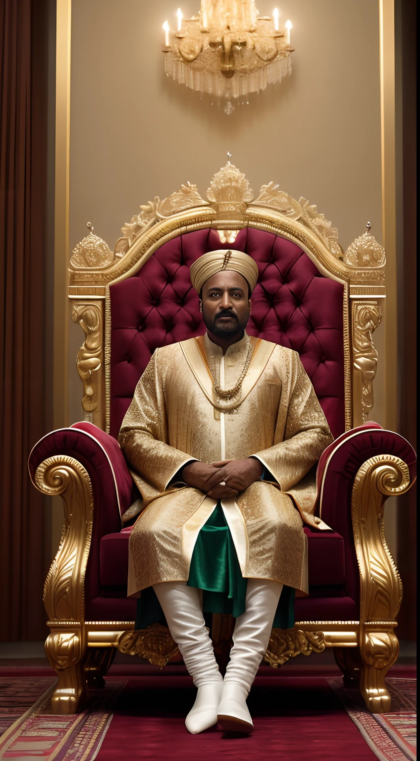 {A compelling image of the Ethiopian leader, Malik Ambar, draped in regal Indian garments, displaying a demeanor of both strength and grace as he sits on his throne. The grandeur of his palace throne room, adorned with intricate designs and artworks, is evident in every corner.}, Realistic Style, Greg Rutkowski, 50mm, Long Shot, (High resolution:1.3), (soft light:1.2), (detailed:1.25), (rutkowski:1.1), (octane render:1.2)