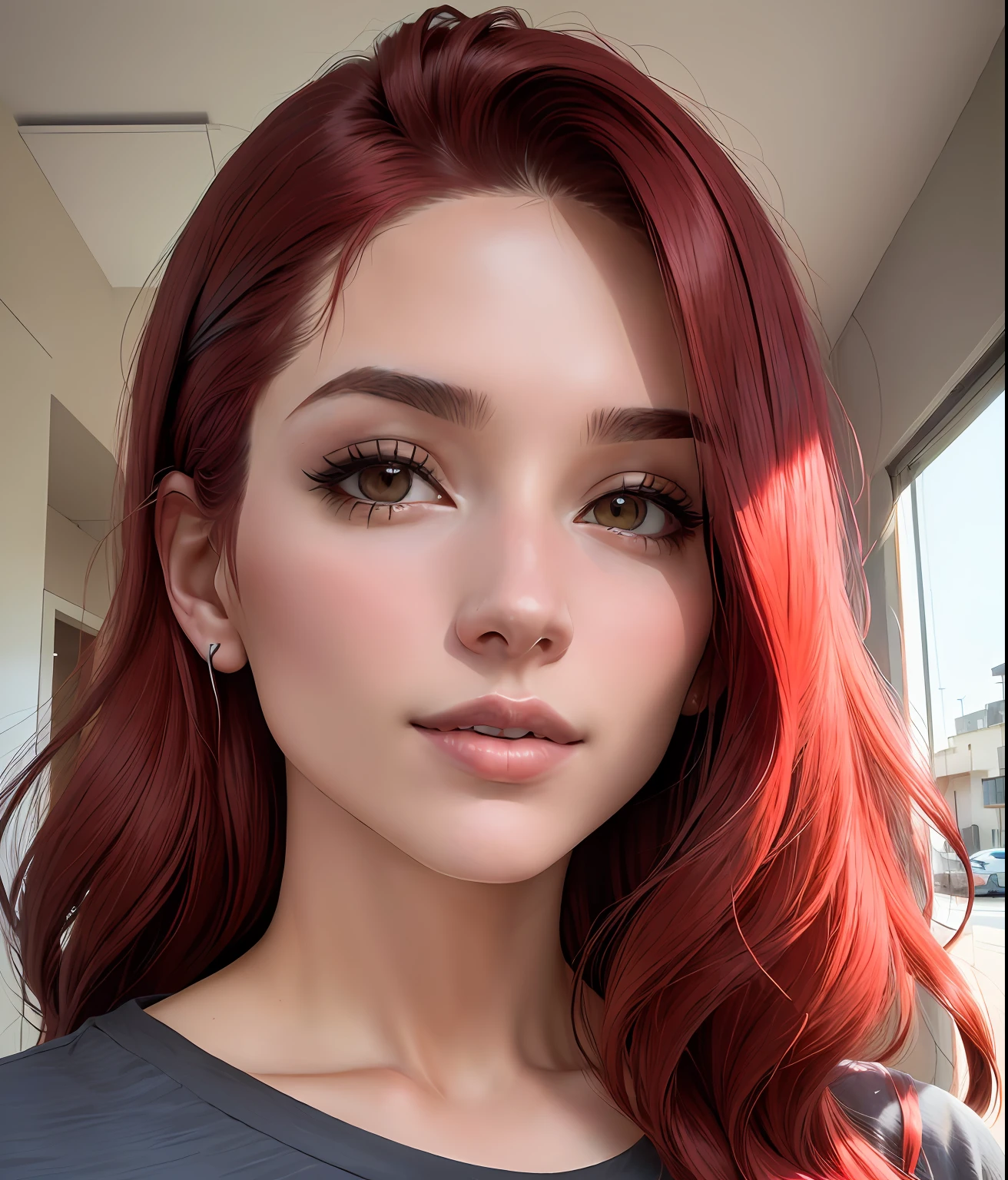 Hay una mujer con el pelo largo y una camisa roja, 3 0 years old woman, Imagen de perfil foto filtrada
