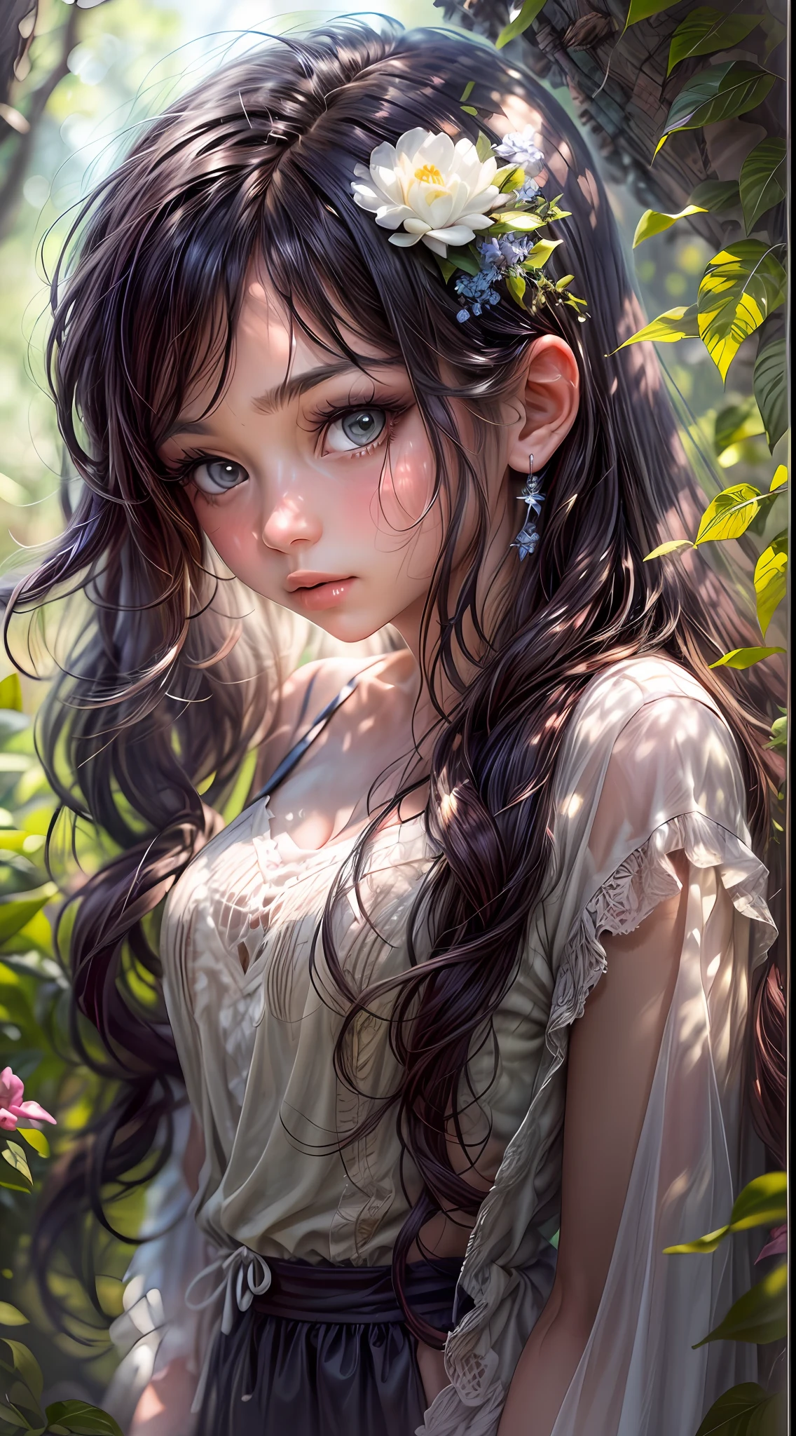 In this captivating image, a lone young girl takes centre stage, captivating the viewer with her presence. She stands in a picturesque outdoor setting, surrounded by lush vegetation and bathed in soft golden light. Her black hair cascades over her shoulders, framing her face, while her bewitching blue eyes shine with depth and intrigue. Tilting her head slightly, she looks directly at the viewer, her expression conveying a mixture of confidence and vulnerability. The emphasis is on her striking features and natural beauty, expertly captured in this hyper-realistic, high-resolution portrait. The background is deliberately slightly blurred, accentuating the focus on the young girl and adding depth to the composition. This photographic masterpiece captures both the outer and inner essence of the young girl, leaving the viewer captivated by her presence. The image will be rendered in a 9:16 format, allowing for a vertical composition that highlights the stature and presence of the young girl.