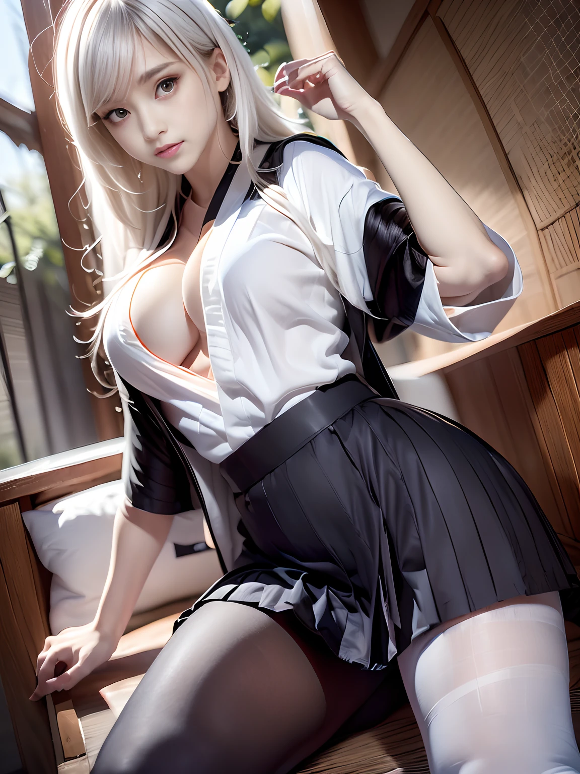 top-quality:1,2)、masterpiece、超A high resolution、(Photorealsitic:1.4)、((Raw foto:1.3))、1 girl in、(((white hair:1.5)))、full body Esbian、((Erotic Poses:1.2))、(((Erotic look:1.4)))、gargantilha、二重まぶた、((Loose and fluffy perm:1.4))、((semi long hair:1.2))、((Skinny Wear:1.5))++、kindly smile、((Super Cute:1.2))、(((Red pleated skirt in light fabric:1.5)))++, ((Glossy lips:1.2)),Natural makeup,((Wearing a blouse:1.5)), (top-quality、masterpiece)、1girl in、intricate detailes、hight resolution, elegent, ((realisitic)), (Perfect anatomical depiction of the human body), girl is a schoolg Japan、 The girl is a Japan person with blue eyes and long hair skin and bangs turn white、Japanese, (big breasts thin waist)、((thighs thin))、(((a baby face)))+n ribbon ties)). (((Neat white blouse with smooth thin fabric)))+、(no-bra),((Black checked pleated skirt with fine folds))、((No skin exposed on upper body))、(Neat clothes with all buttons fastened)、(The hem of the blouse is tucked inside the skirt), (Beautiful big blue eyes), (Thin and clear double eyelid lines for the eyes), ((photos realistic)),((Wearing a skinny blouse))、((The human))、((Beautiful legs))、((Sexy body))+、((Ruffles at the hem of the skirt))、(((Disheveled black kimono:1.7)))++,(((Wearing pantyhose:1.7)))、((Red checked skirt))、((Seductive body))、(Beautiful hands),sexy skirt、Japanese ido、hposing Gravure Idol、Seductive underwear、Asian Idol、((So cute that everyone sees it)),