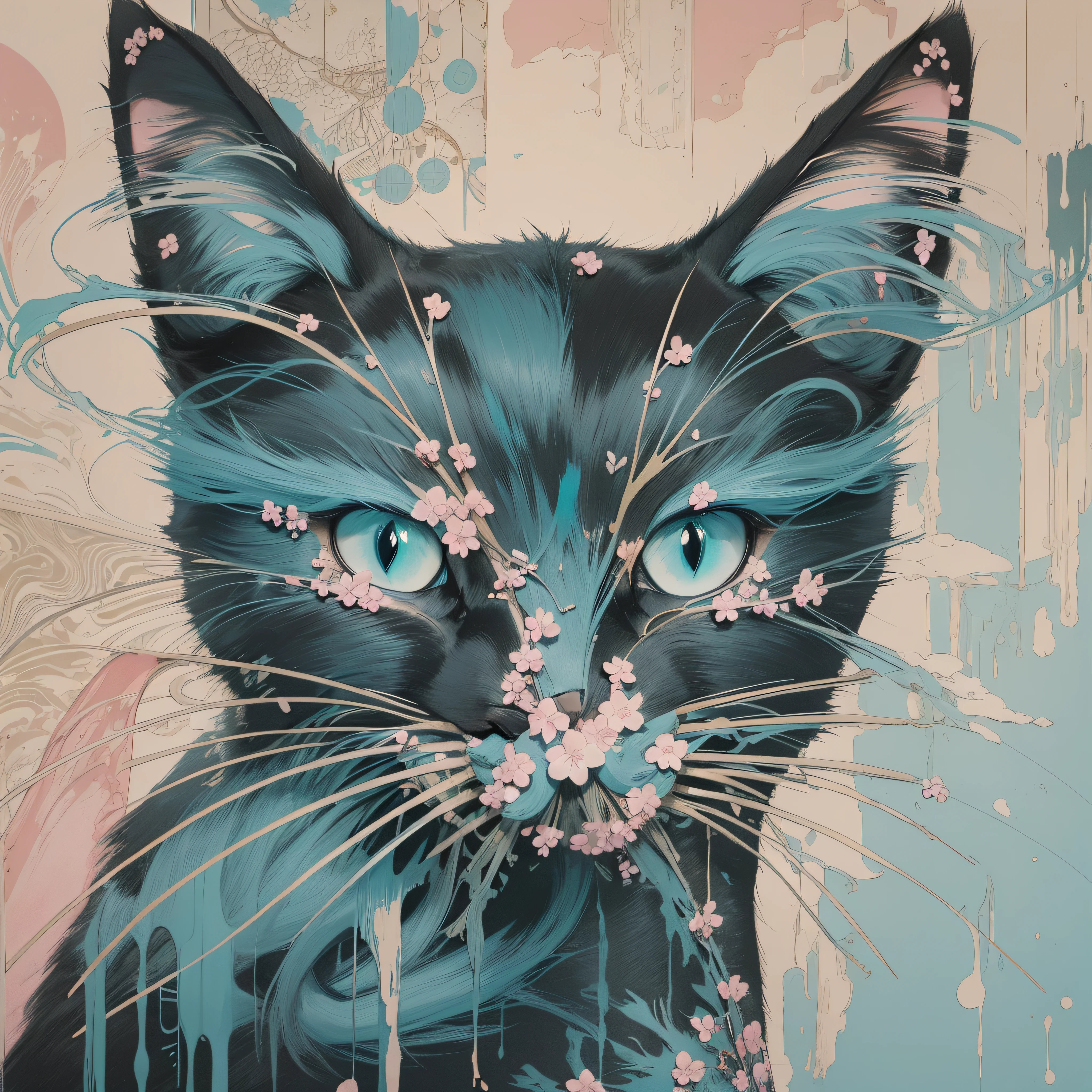 Cat in art, Main color Black, Secondary color cyan, Pastel pink background, artistic, Sophisticated, Warm style, Shapes include abstract cats, Playful forms, Elegant piece, Textures include fur textures, Smooth paint, Fabric texture, The lines contain graceful lines, Natural curves, Delicate silhouette, The shape is elegant, approachable, Expressive, Aesthetic.