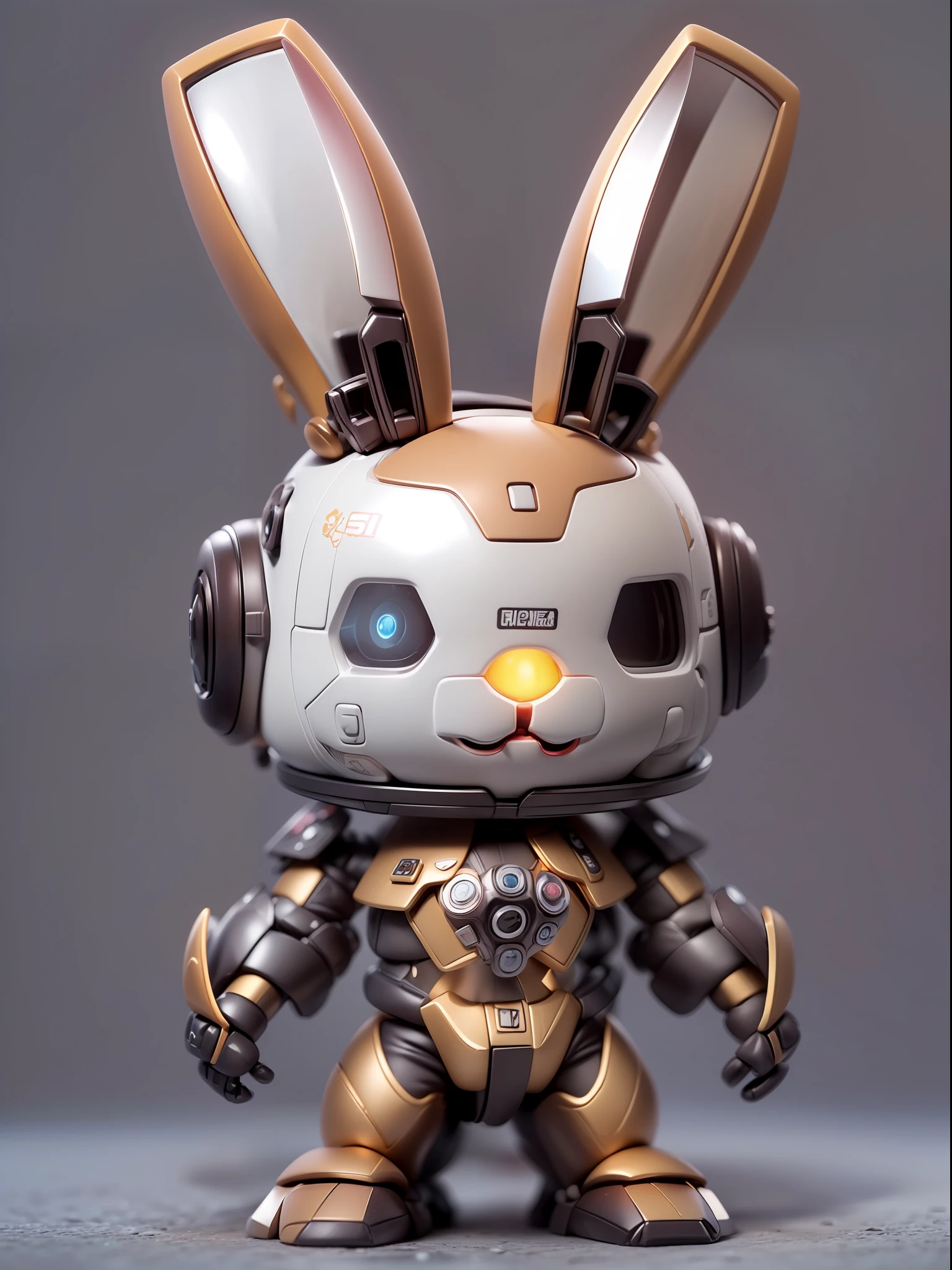 (Blind box toy style:1.3),((Full body shot))(anthropomorphism) , (1 strong rabbit mecha warrior)(((solo))) metal mecha,dreamy glow, Clean dark background,Brown black style，(circular base）( Global illumination, Ray tracing, hdr, unreal render,reasonable design, high detail, Masterpiece, Best quality, hyper HD, Cinematic lighting)