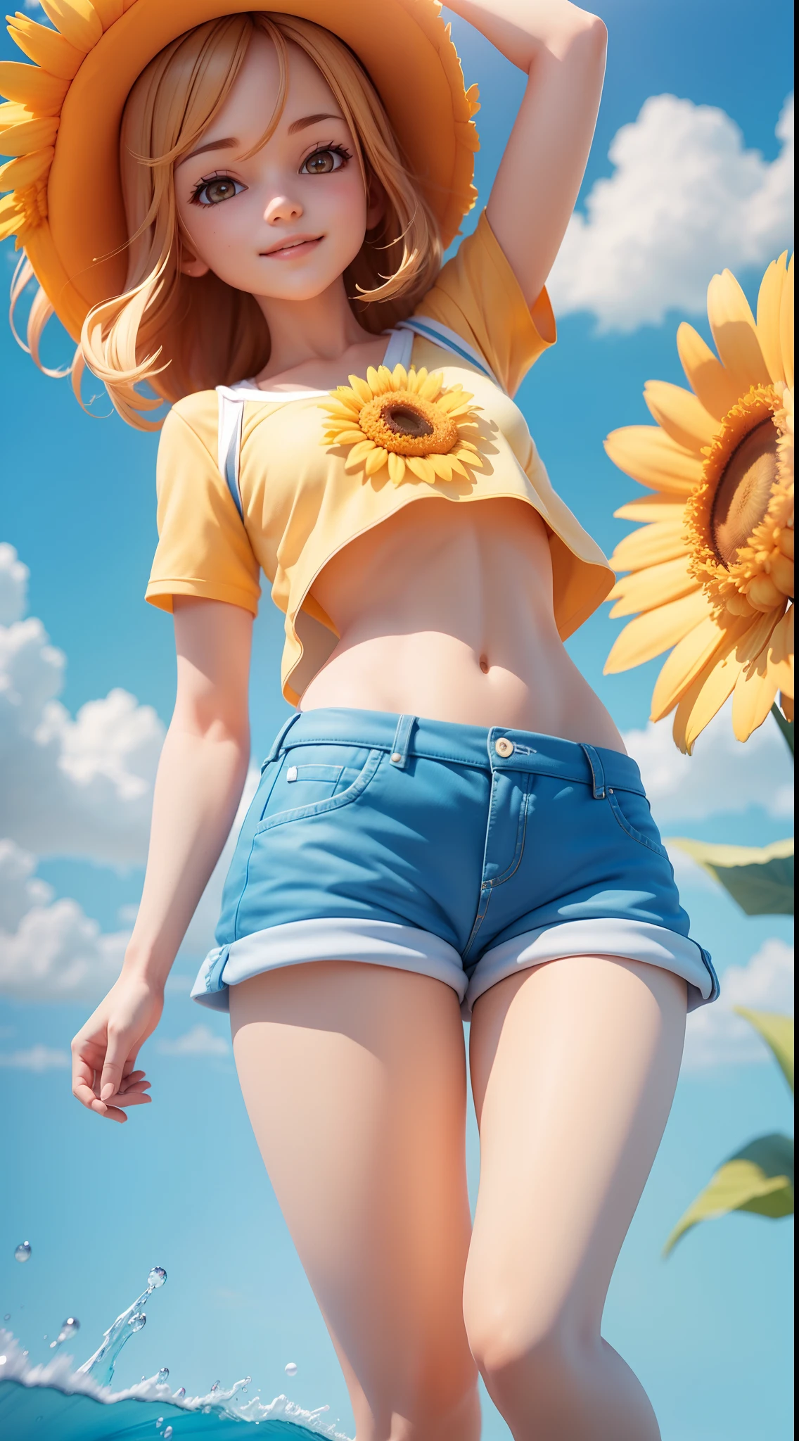 Summer clouds, sun flowers frames the image, symmetric composition, sunny weather ,sky, sunny, colorful, happy and happy summer vacation, simple picture, close-up, brilliant sunshine, distant waves, visual impact, 3D DreamWorks style, girl in blue  shorts , thin legs in frame