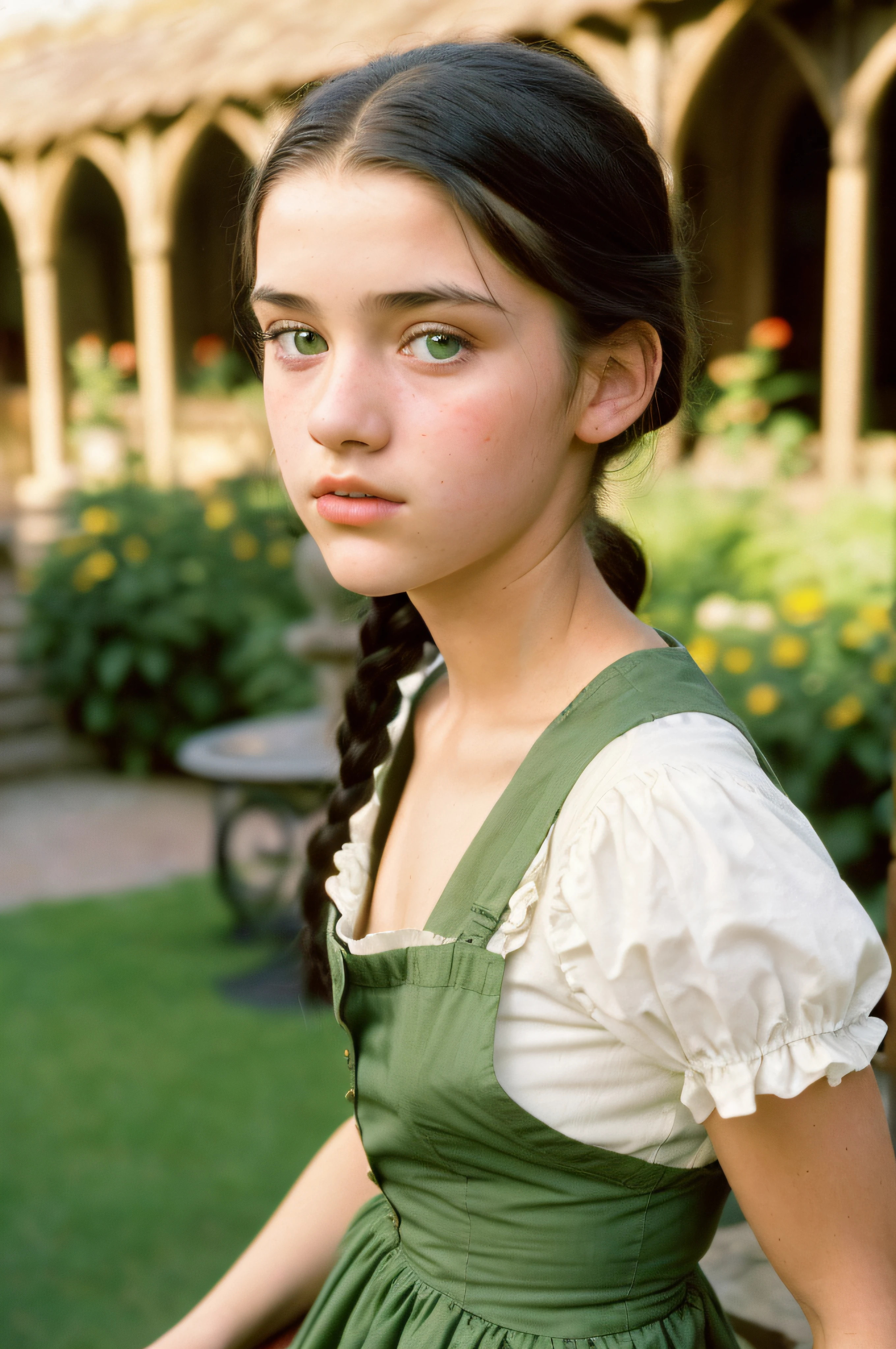 (a closeup of a, Editorial photo of a -yeld beiful girl in a bad white work dress with a light brown apron), (Serious:0.5) (Highly detailed face:1.4), ass pov, Nikon D850, film stock photograph ,4 Kodak Portra 400 ,camera f1.6 lens ,saturated colors ,hyper realistic ,lifelike texture, dramatic  lighting , Cinestill 800, em ((City)) Victorian era, Cyan eyes, blonde woman, 19th-century Victorian style