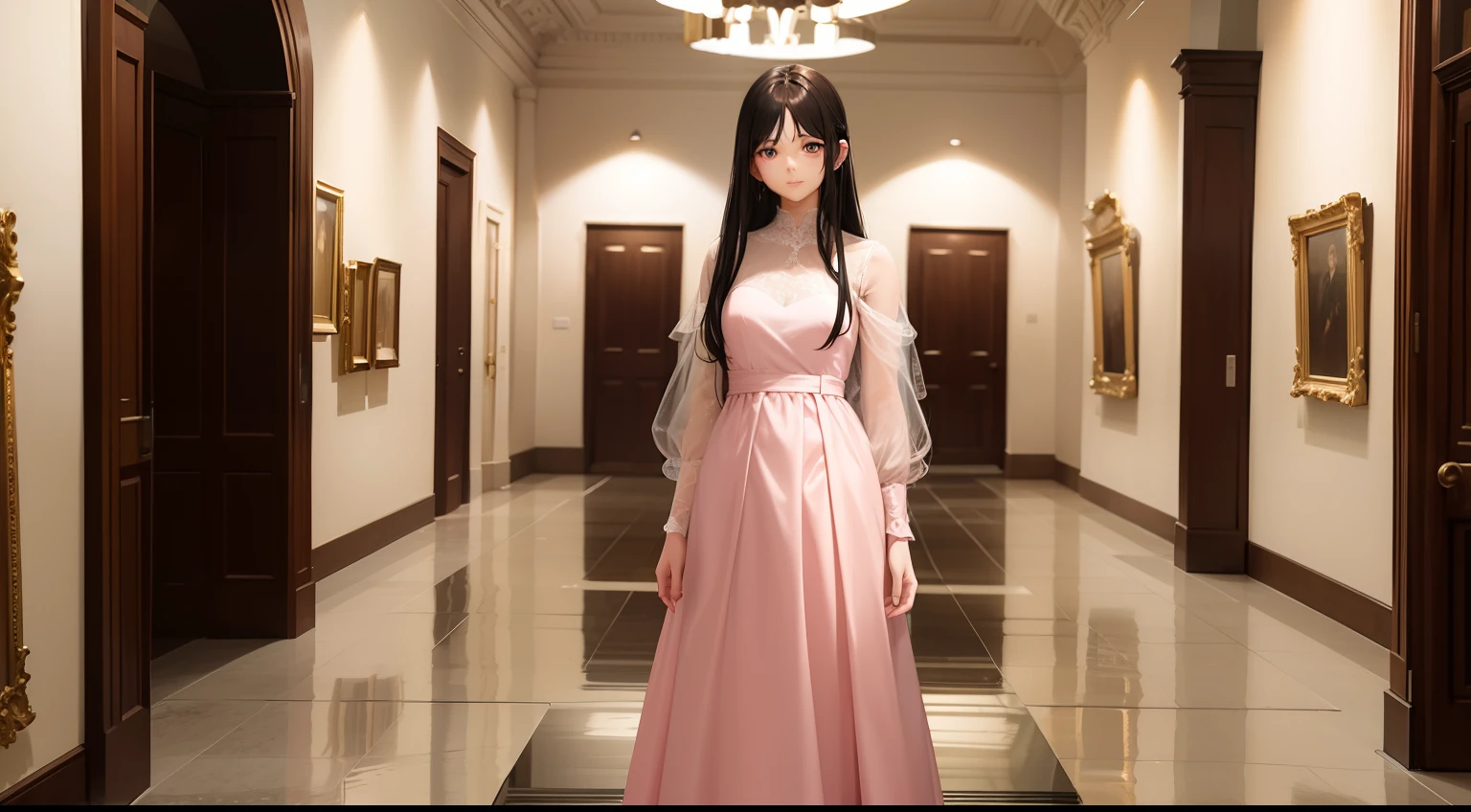 young woman with long dark hair, Wearing a pink formal dress, Stand in a small art gallery, Exudes a mysterious aura."