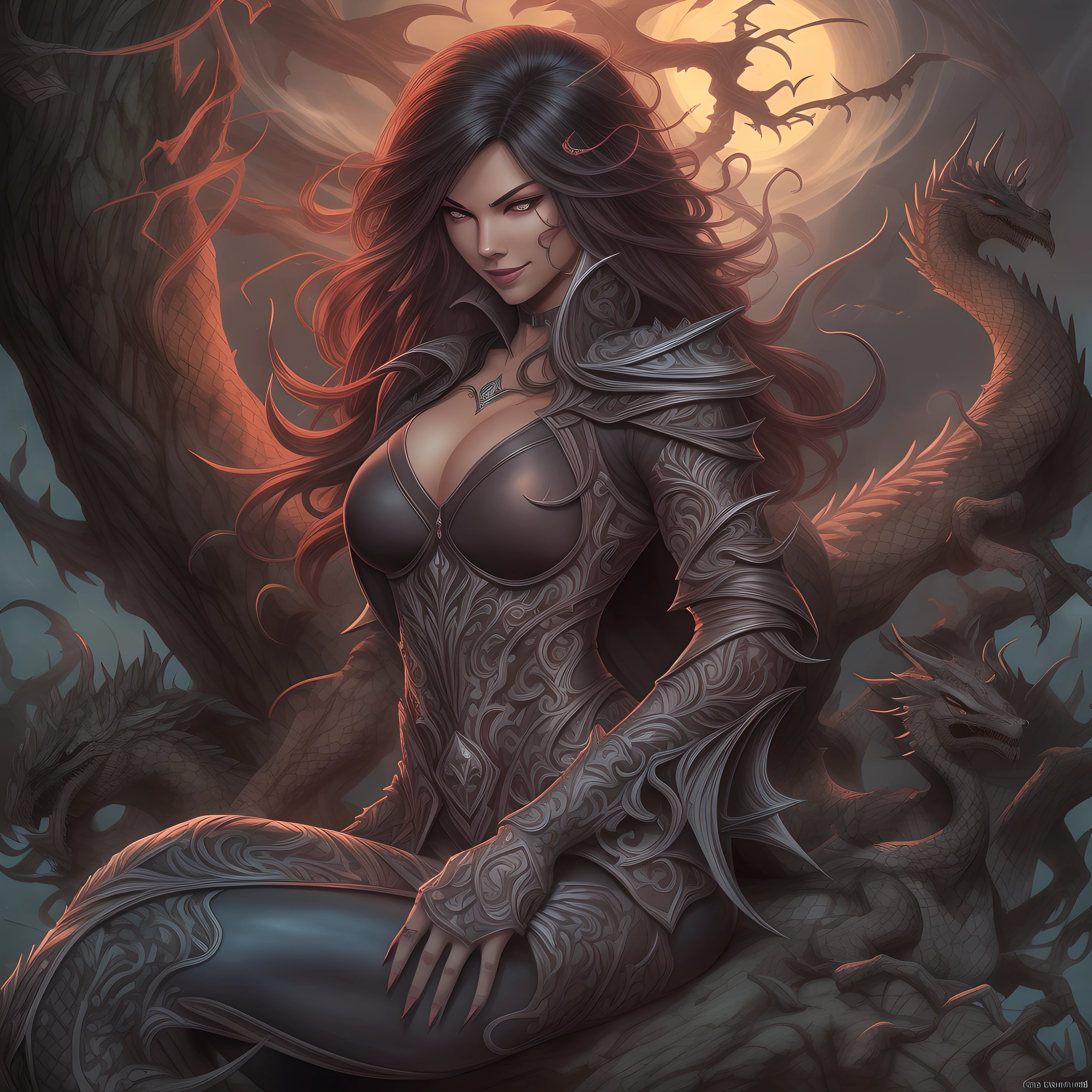 Witchblade sits relaxed under a tree, smiling slyly as she puffs on an ornately carved wooden pipe. Swirls of smoke rise up, slowly enveloping her in a hazy cloud. Her dark hair and red leather outfit blend into the mist, so only her crafty grin is visible, green eyes glowing mysteriously. The smoke takes mystical shapes, forming demons, daggers and snarling dragons that circle around Witchblade's head before dissipating into the serene night sky. Though immersed in her own world, Witchblade radiates an aura of occult tranquility.
In the foreground, Witchblade sits with legs crossed under an old oak, leaning casually against the trunk. Her revealing leather attire drapes around her curvy body. In her gauntleted hand she holds the carved pipe, its bowl emitting steady smoke that rises in tendrils. Witchblade's eyes are closed lightly, face peaceful yet darkly pleased.
As the smoke dances, it transforms into mystical shapes around her. A dragon snarls left, a dagger points right, a demon looms overhead. The smoke swirls higher against the shadowy sky, forms blending into haze. Moonlight filters through leaves, illuminating Witchblade's subtly sly face. Though enveloped in smoke, she emanates the supernatural and contentment, lost in her own mystical world.