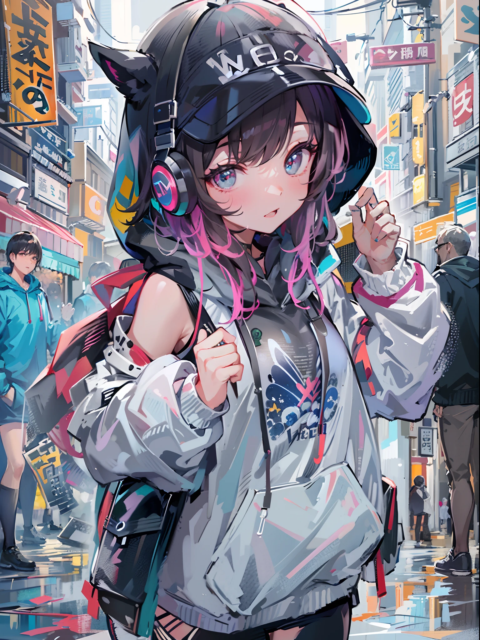 8K分辨率、((top-quality))、((masterpiece))、((ultra-detailliert))、1 woman、独奏、incredibly absurdness、Oversized hoodies、headphones、Street、plein air、Sateen、neons、Shortcut Hair、Brightly colored eyes、Hands in pockets、a miniskirt、water dripping
