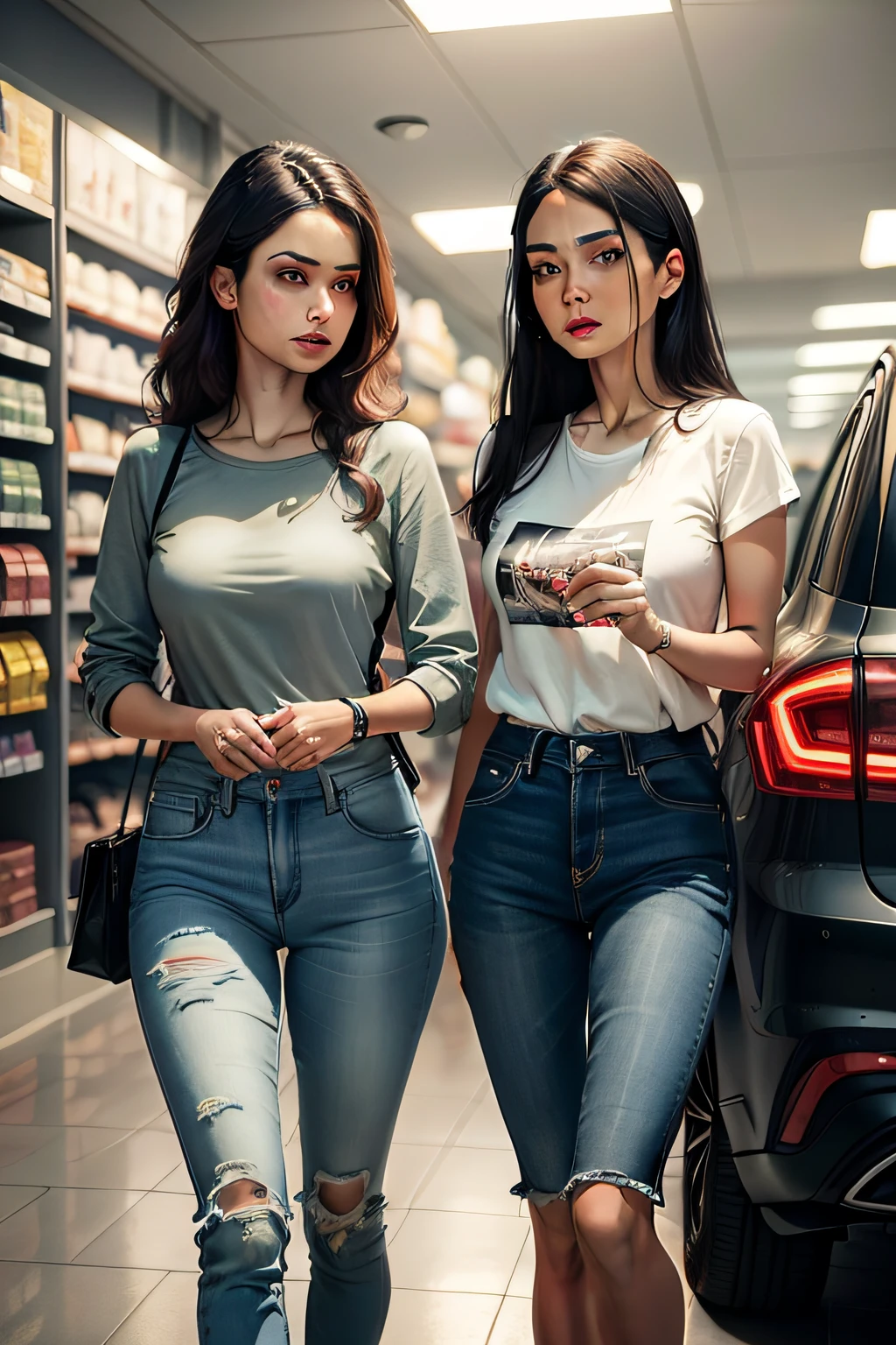 2 women，Shop for car supplies in casual wear at the auto supply supermarket，sface focus，Extreme depiction of facial detail