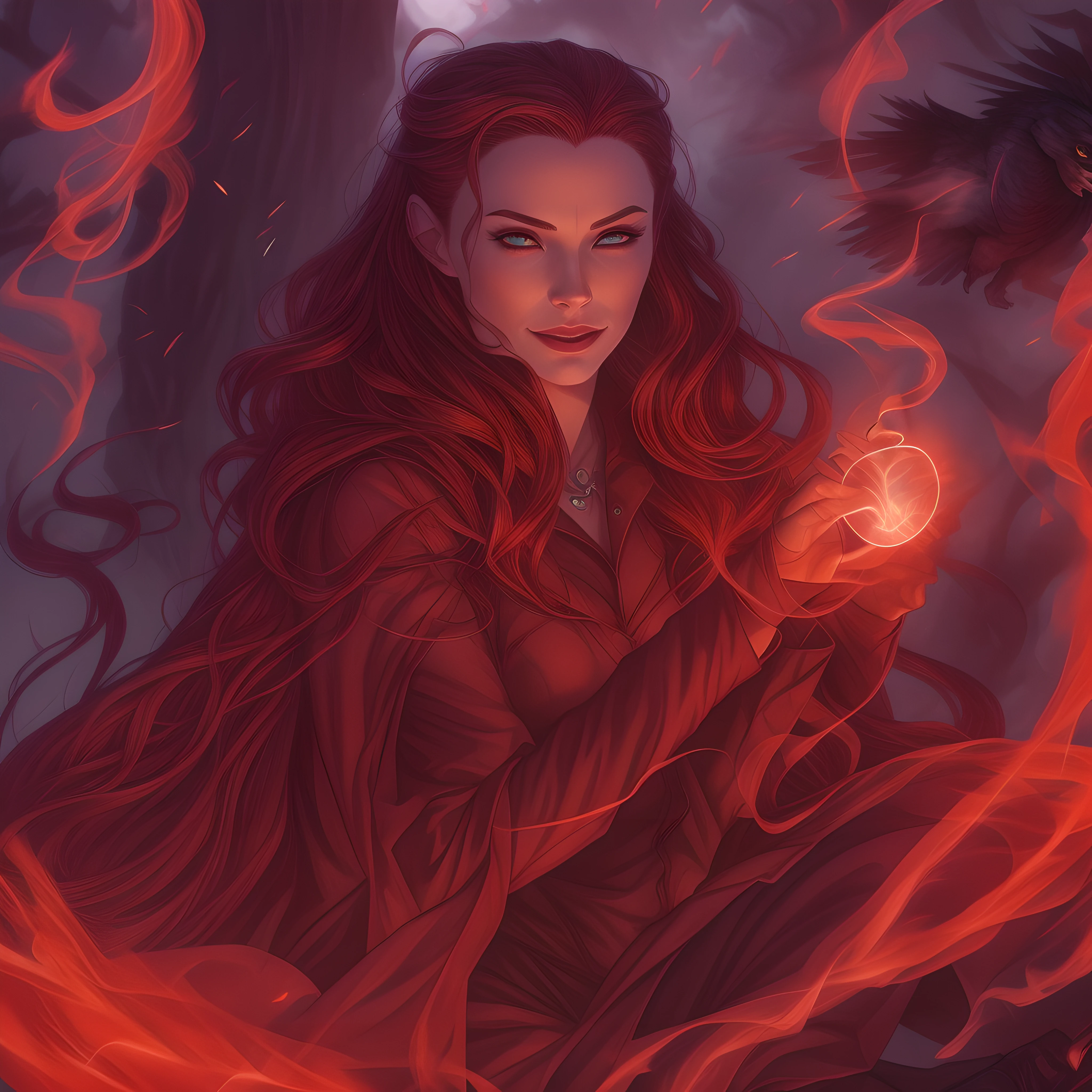 Scarlet Witch sits relaxed under a tree, smiling mysteriously as she puffs on an ornately carved wooden pipe. Swirls of red smoke rise up, slowly enveloping her in a hazy cloud. Her long brown hair and red coat blend into the mist, so only her enigmatic grin is visible, emerald eyes glinting with occult power. The smoke takes magical shapes, forming runes, ravens and glowing red crystals that circle around Scarlet Witch's head before dissipating into the serene dusk sky. Though immersed in her own world, Scarlet Witch radiates an aura of mystical tranquility.
In the foreground, Scarlet Witch sits with legs crossed under an old oak, leaning casually against the trunk. Her layered skirts and coat drape around her body. In her bejeweled hand she holds the carved pipe, its bowl emitting steady red smoke that rises in tendrils. Scarlet Witch's eyes are closed lightly, face peaceful yet faintly arcane.
As the smoke dances, it transforms into mystical symbols around her. A raven takes flight left, a rune hovers right, a crystal shines overhead. The red smoke swirls higher against the darkening sky, forms blending into haze. Torchlight filters through leaves, illuminating Scarlet Witch's subtly occult face. Though enveloped in smoke, she emanates magic and contentment, lost in her own mystical world.