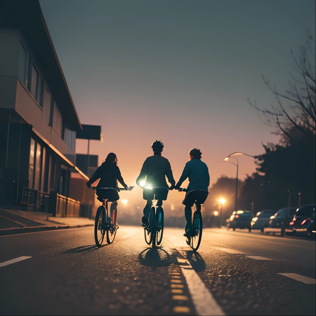 The image depicts a group of four people, possibly children, riding bicycles along a road at night. Each person has a bike, and they seem to be traveling together. The scene is illuminated by a green light, giving it a unique and mysterious atmosphere. The group is riding in the same direction, and their positions suggest that they are moving at a leisurely pace, enjoying their time together. The green light might be coming from a nearby source, such as a streetlight or a nearby building, adding an interesting visual effect to the scene. --auto --s2