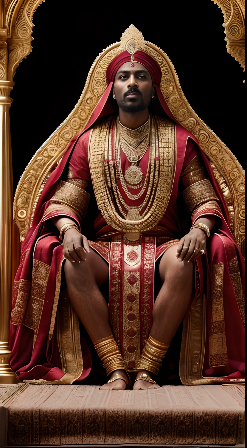 {An evocative portrayal of Malik Ambar, the renowned Ethiopian figure, in the heart of India. Cloaked in royal Indian garb, he exudes authority and respect from his ornate throne, with the palatial grandeur surrounding him in all its 17th-century splendor.}, Realistic Style, Greg Rutkowski, 60mm, Medium Shot, (UHD:1.2), (ring light:1.15), (rutkowski:1.1), (hyper detailed:1.2), (cinematic:1.3)