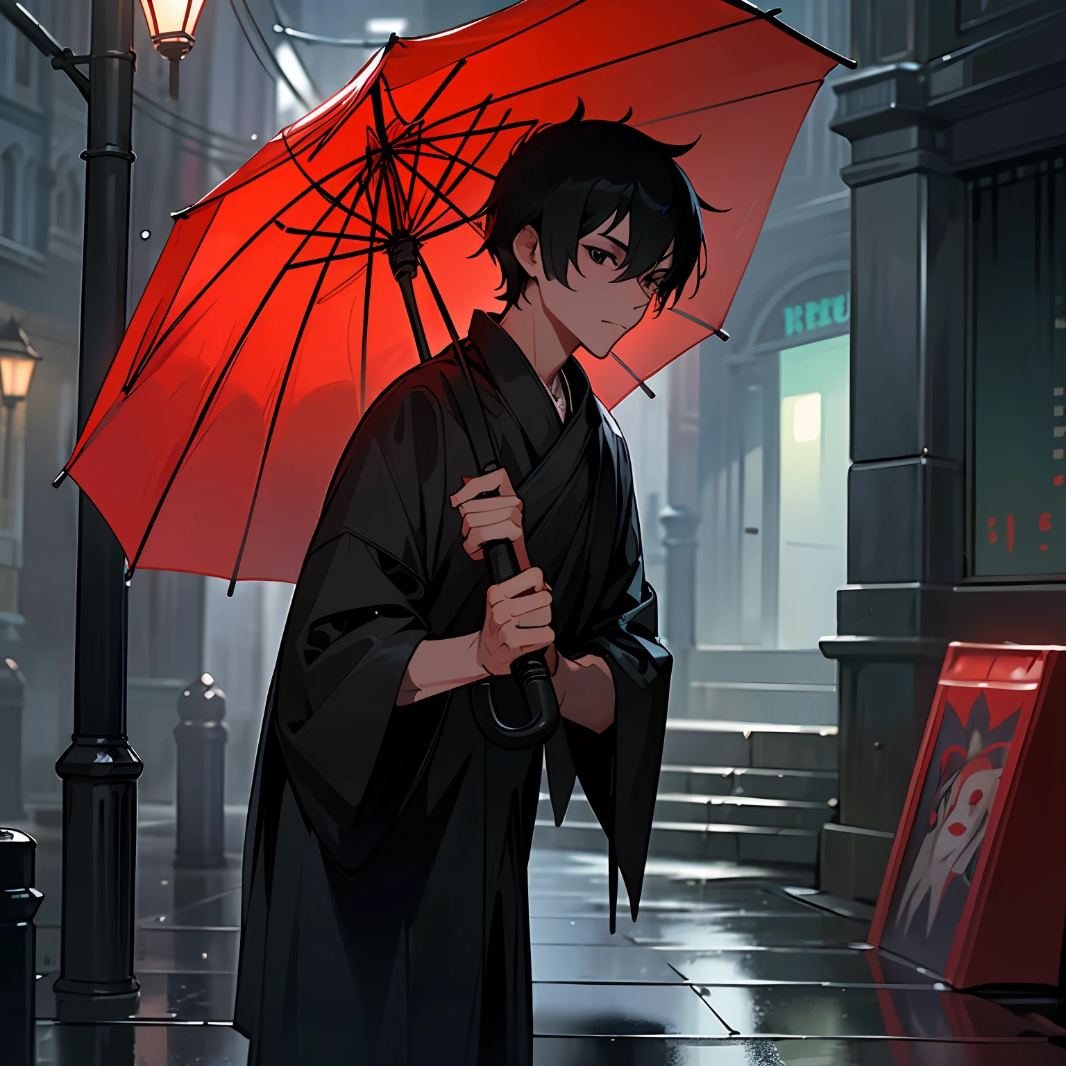 "best qualtiy,Ultra-detailed depiction of a man with black hair,Black eyes, Night light, Wet streets, red umbrella, coloured photo,Black-haired man with red umbrella,Stand under dim street lamps,Surrounded by damp streets,Colorful scenes。"