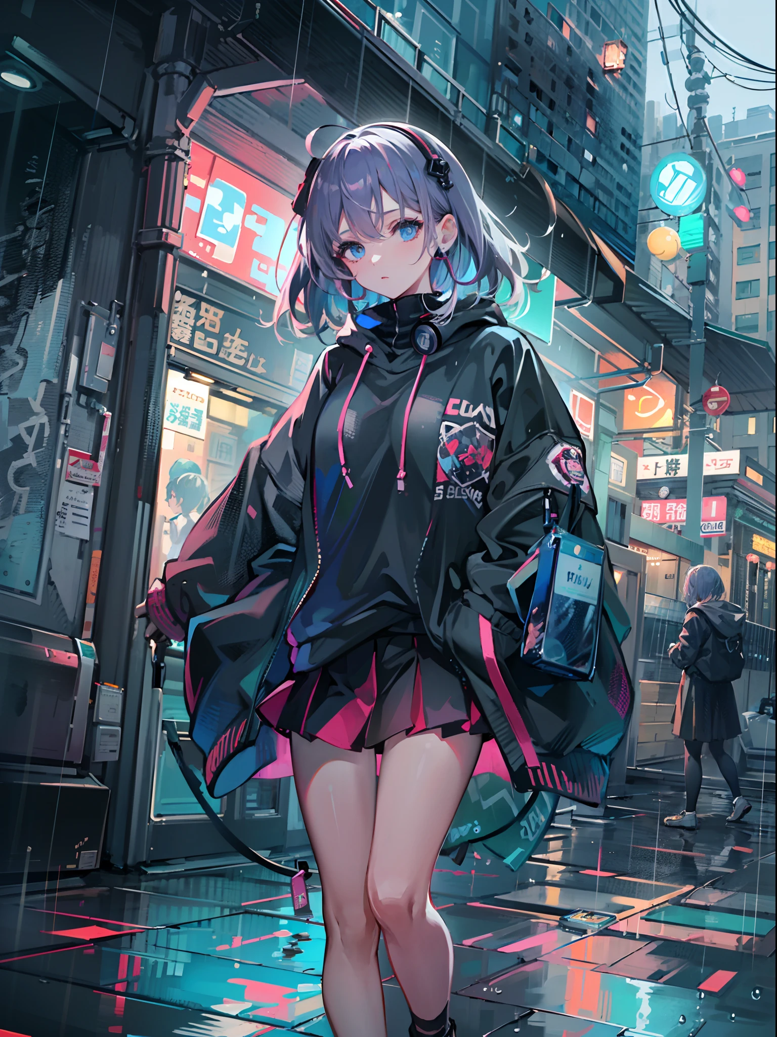 8K分辨率、((top-quality))、((masterpiece))、((ultra-detailliert))、1 woman、独奏、incredibly absurdness、Oversized hoodies、headphones、Street、plein air、Rain at night、neons、Shortcut Hair、Brightly colored eyes、Hands in pockets、a miniskirt、water dripping