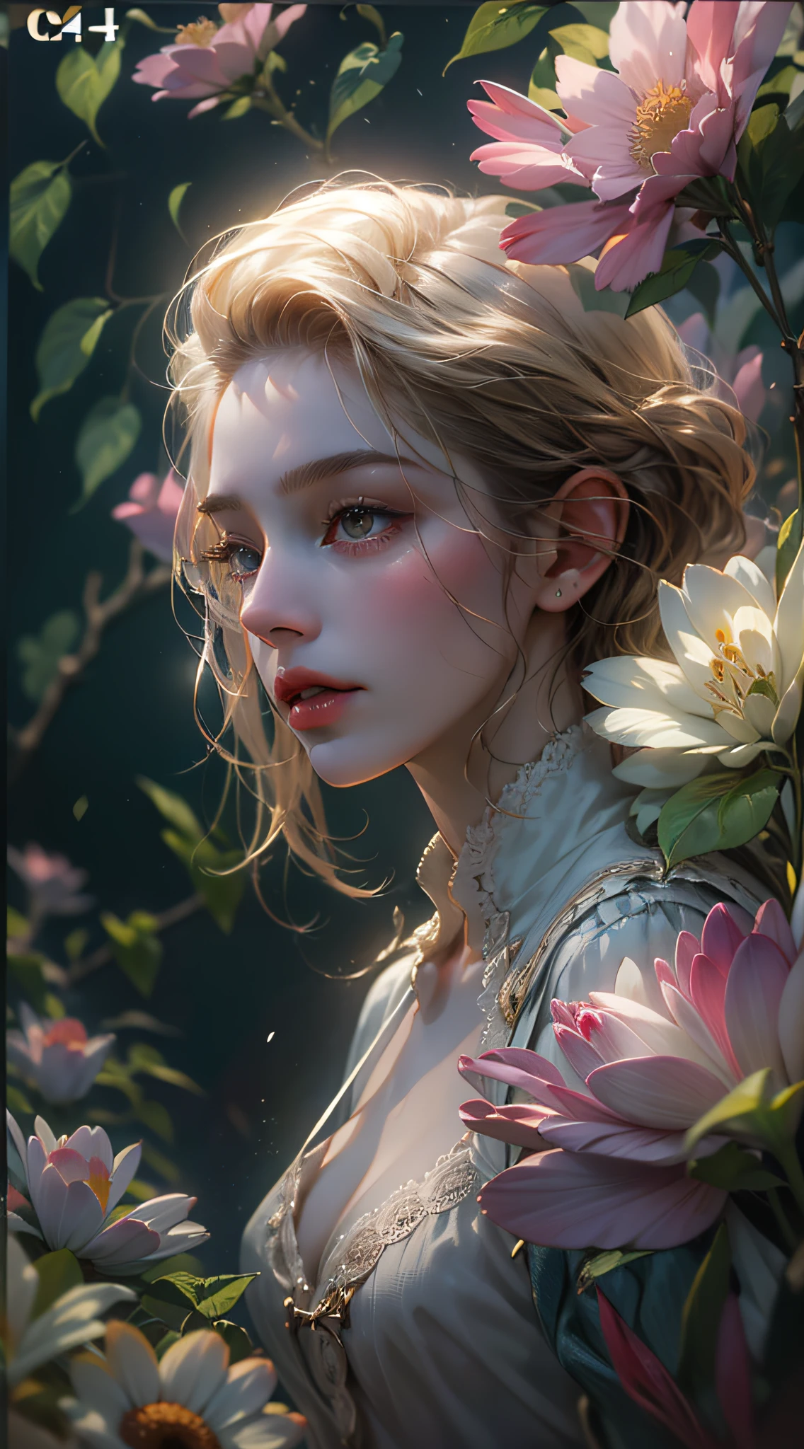 (absurderes,k hd,ultra - detailed),Mature woman,The upper part of the body,Flowers in hand,Hazy flower background,(Hazy:1.3,softlighting:1.4,cinematric light:1.4)