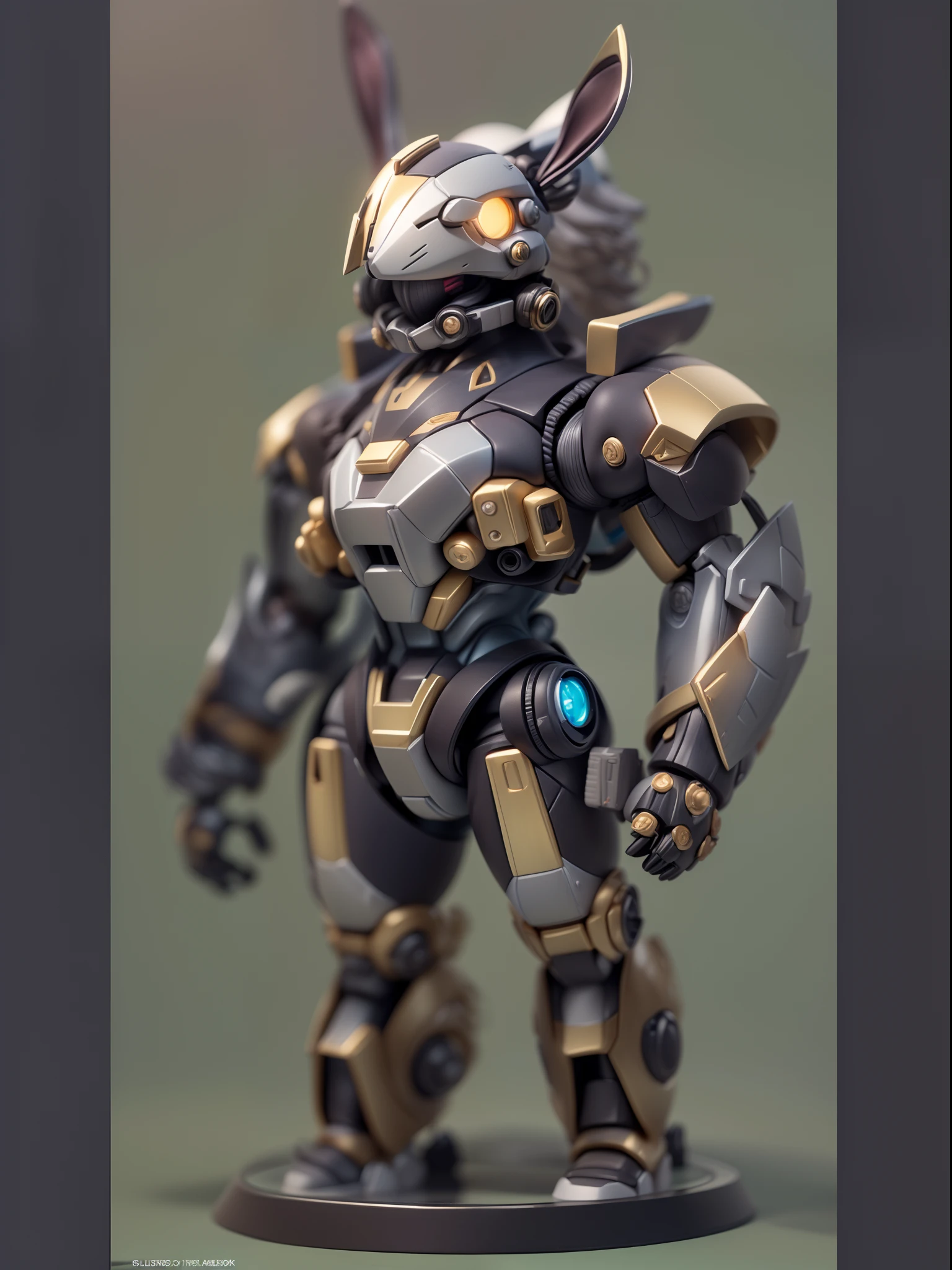 (Blind box toy style:1.3),((Full body shot))(anthropomorphism) , (1 strong rabbit mecha warrior)(((solo))) metal mecha,dreamy glow, Clean dark background,Brown black style,(circular base)( Global illumination, Ray tracing, hdr, unreal render,reasonable design, high detail, Masterpiece, Best quality, hyper HD, Cinematic lighting)