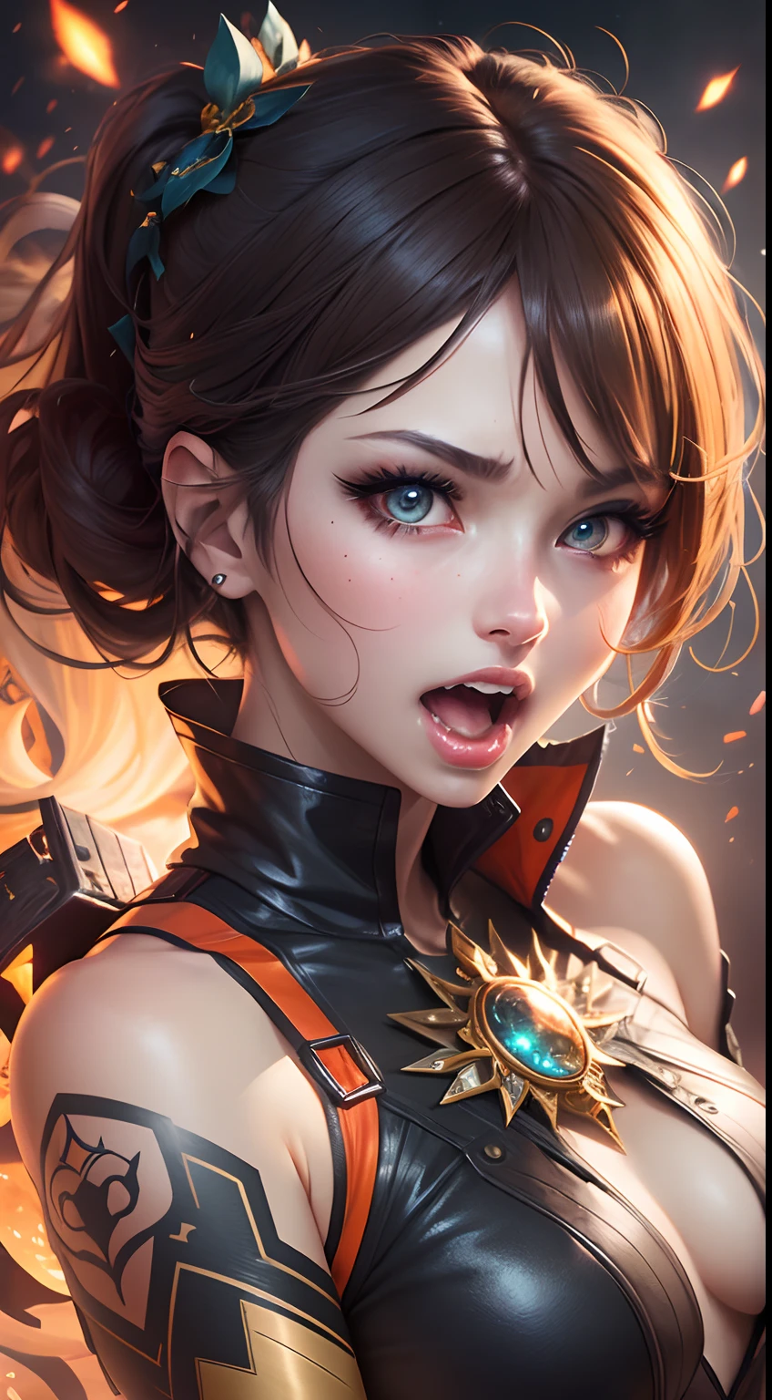 High quality of female face, The upper part of the body,　explosion background,　Screaming,　full,　All intricate details are rendered flawlessly, Her eyes glowing with vivid anime-style colors, Warm orange for a seductive glow, Capture her enchanting beauty, Anime-style illustration, Digital Art, -