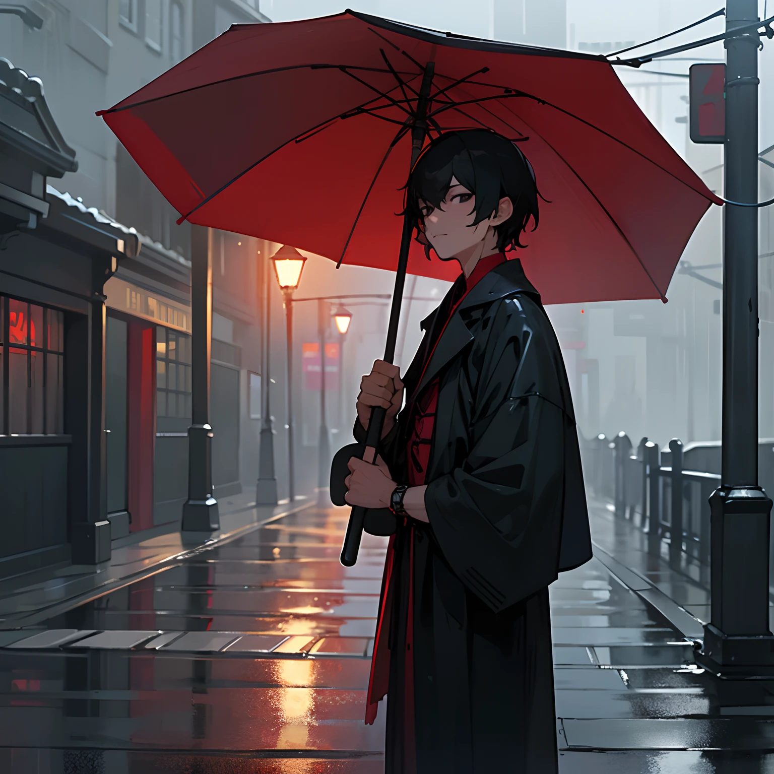 "best qualtiy，Ultra-detailed depiction of a man with black hair，Black eyes, Night light, Wet streets, red umbrella, coloured photo，Black-haired man with red umbrella，Stand under dim street lamps，Surrounded by damp streets，Colorful scenes。"