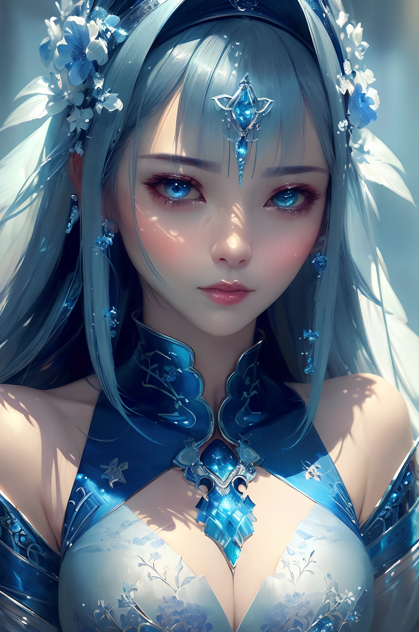 a close up of a woman in a silver and blue dress, chengwei pan on artstation, by Yang J, detailed fantasy art, stunning character art, fanart best artstation, epic exquisite character art, beautiful armor, extremely detailed artgerm, detailed digital anime art, artgerm on artstation pixiv, armor girl
