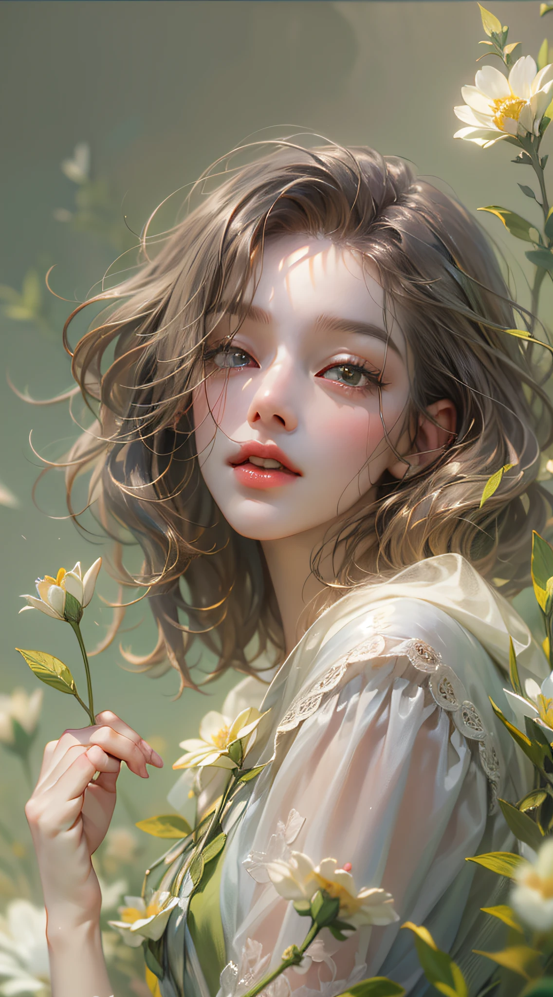 (absurderes,k hd,ultra - detailed),Mature woman,The upper part of the body,Flowers in hand,Hazy flower background,(Hazy:1.3,softlighting:1.4,cinematric light:1.4)