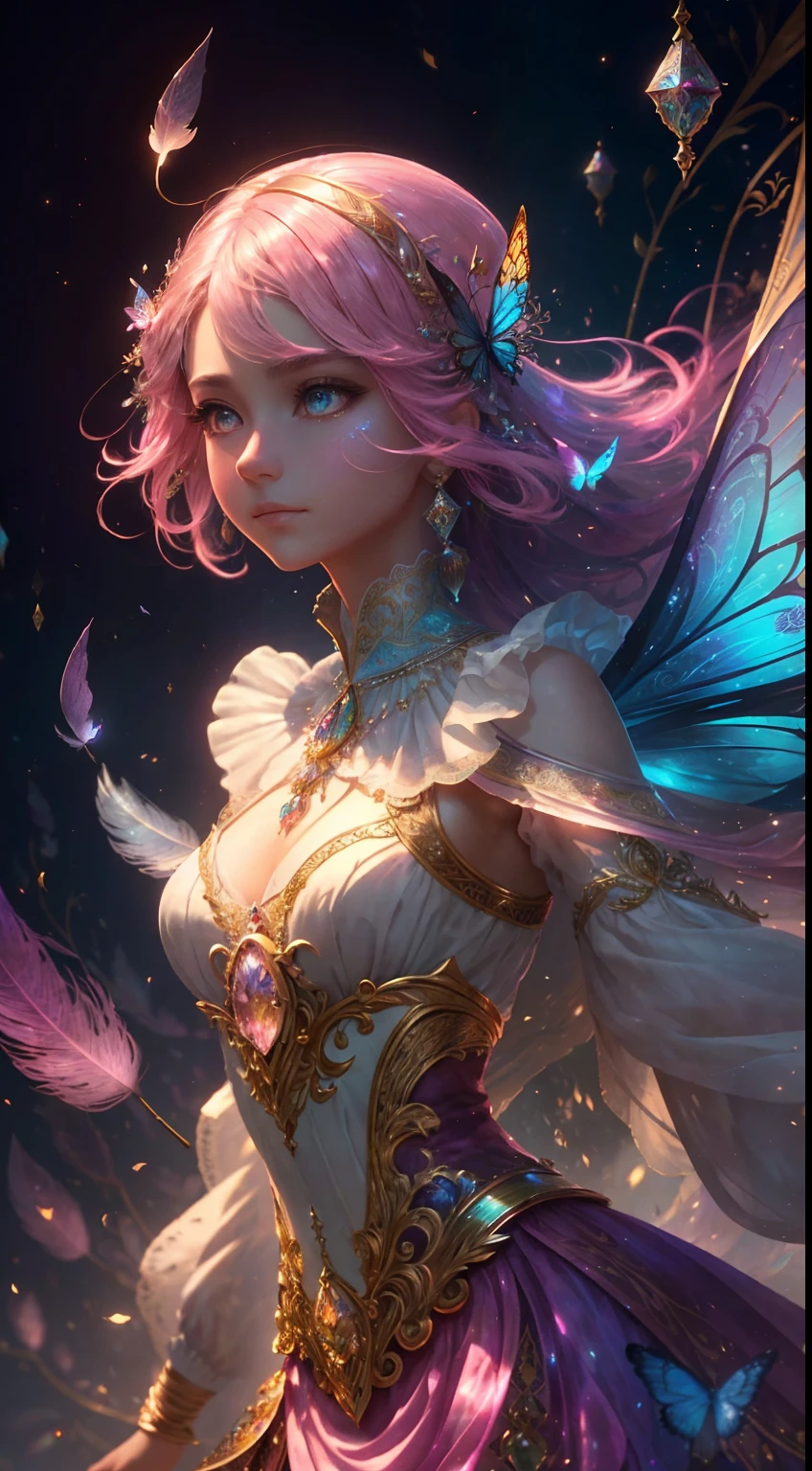 (((masterpiece))), (((best quality))), ((ultra-detailed)),(highly detailed CG illustration), ((an extremely delicate and beautiful)),cinematic light, Create a stunning fantasy artwork that mimics the style of currently trending masters of the genre. The art piece should contain elements of both mythic fantasy and fairytale fantasy with colorful accents. ((Utilize various shades of pink and watercolor pastels as the main color scheme.)) The character in the artwork is a delicate but strong petite figure with an aura of mystery and magic. Pay close attention to intricate facial features, such as mesmerizing eyes with vibrant colors and bold shading. The character's clothing should be designed with gossamer feathers, silk, stunning embroidery, and subtle iridescent details. Incorporate dreamy colors, dynamic lighting, and detailed background elements to create a sense of awe and immersion. Include colorful flying magical birds and jewel-toned butterflies radiating a magical aura. Consider the latest trends in fantasy art, such as incorporating unique lighting effects, exploring dynamic and compelling composition techniques, and experimenting with unique color palettes. Take inspiration from the top artists on ArtStation and Midjourney. Camera: Choose an angle that highlights the character's beauty and enhances the magical majesty of the artwork. Lighting: Utilize atmospheric lighting techniques to create depth and mood. Resolution: Aim for a high-resolution artwork to showcase intricate details and clarity. Art Inspirations: Seek inspiration from the trending artists on ArtStation, exploring different styles, genres, and themes.