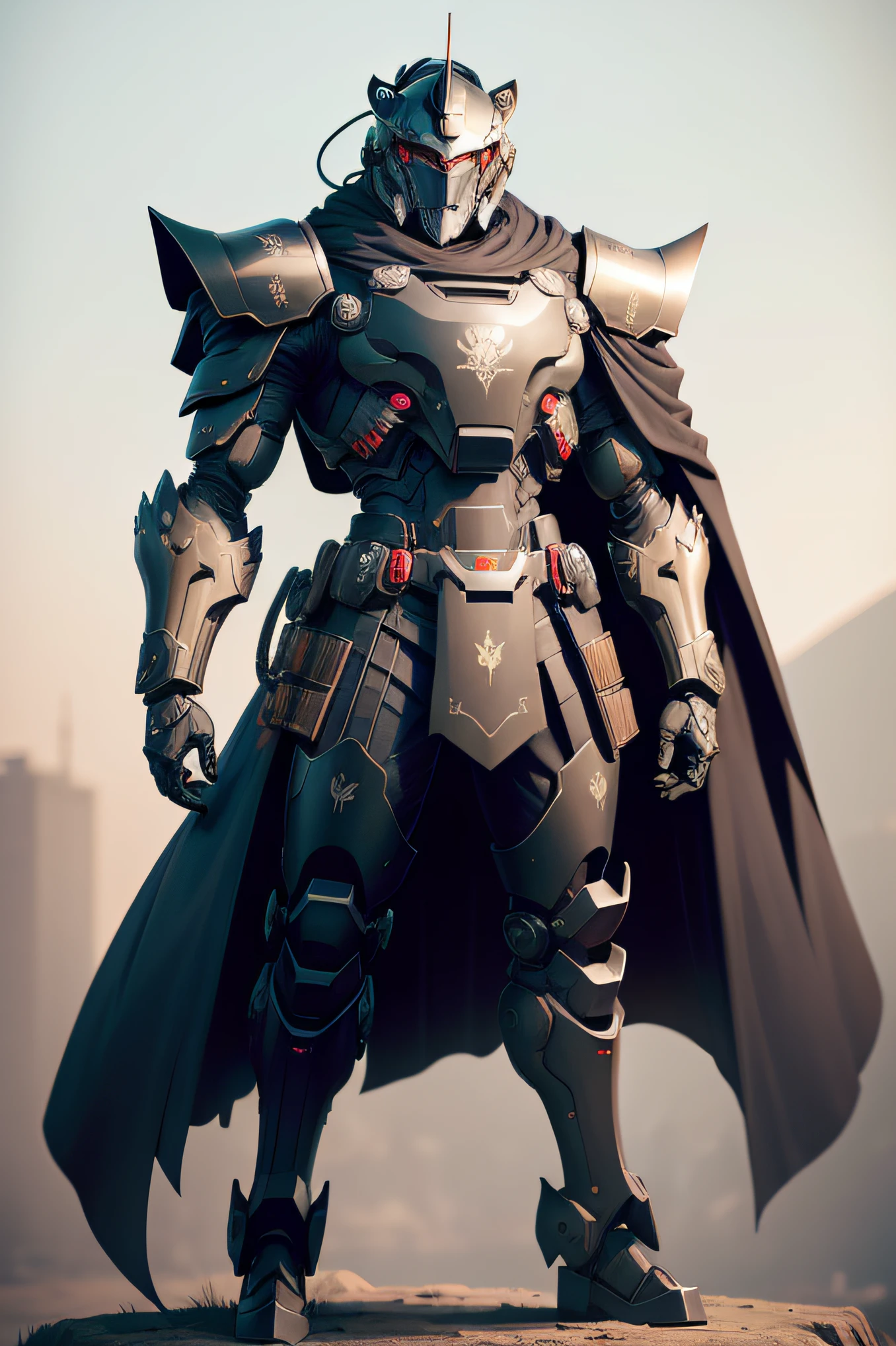 Antique mecha cape doukata Ronin of exoskeleton mecha Anime man Black color scheme Action large font Full body Helmet Handsome There is a lion carving on the chest