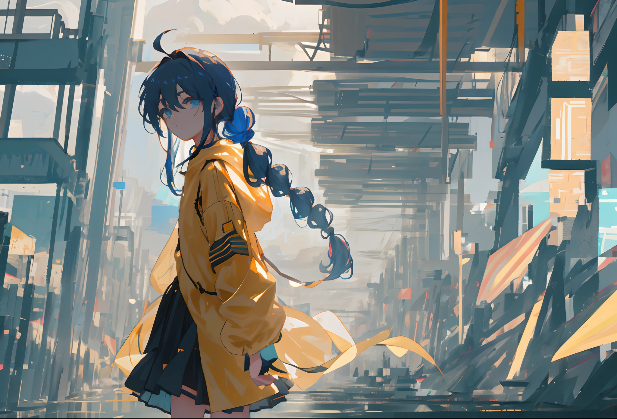 Eau,surround,brunette color hair,黑The eye,Kizi,standing on your feet,Keep your feet apart,raincoat,Skysky,ahoge, braided ponytail, parted bangs, floating hair, low ponytail, blue hairband, mole under eye, aqua eyes, gradient eyes, parted lips, high detail, anime, Romanticism, first-person view, Eye-Level Shot, UHD, ccurate, masterpiece, super detail, textured skin, high details, best quality, high quality, highres