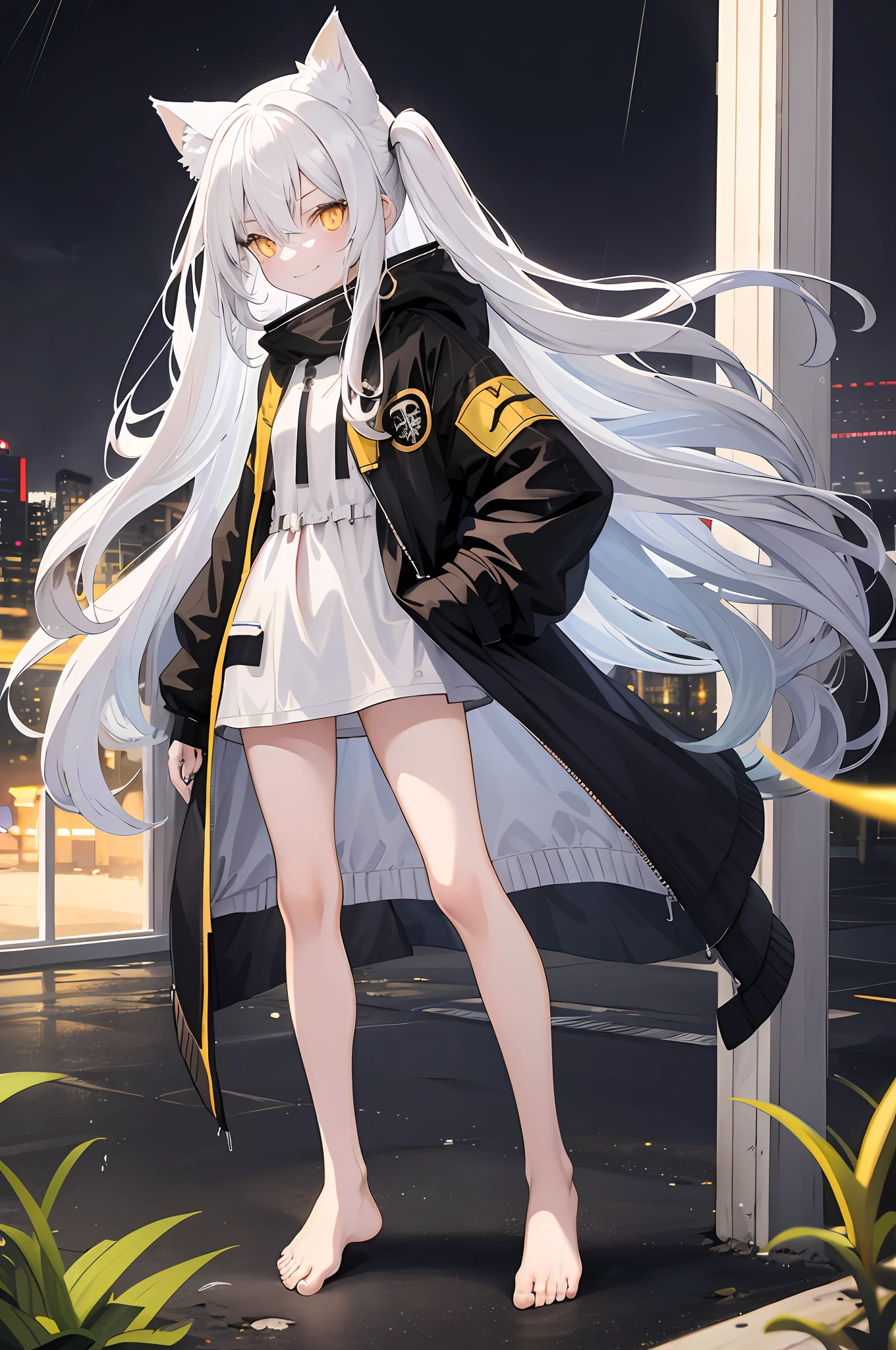 Long white hair,16-year-old girl,cat ear,Golden pupils,sandbeach,little bit of raining,deep in the night,full bodyesbian,wind coat,leisure wear,Barefoot,Bare legged,Smiling face,sideways standing,sideface,Put your hands in your pockets, sprout,Poor milk