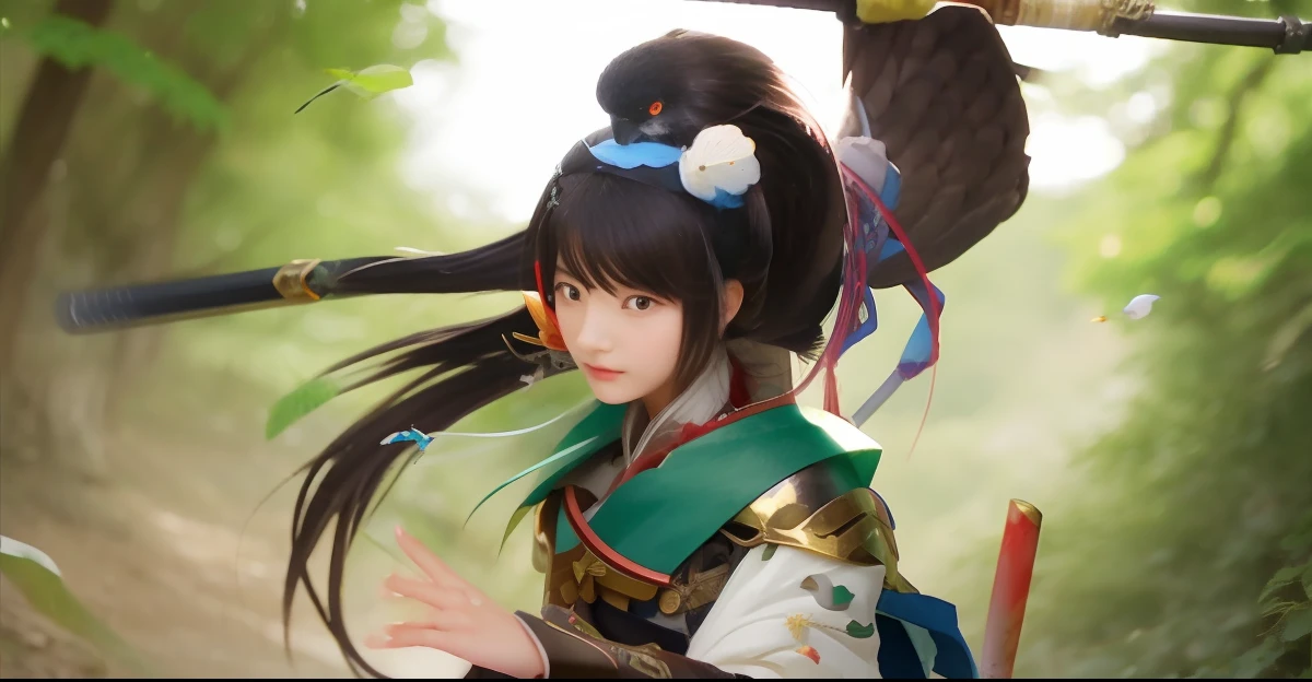 Japan girl with sword and bird flying around her、in woods