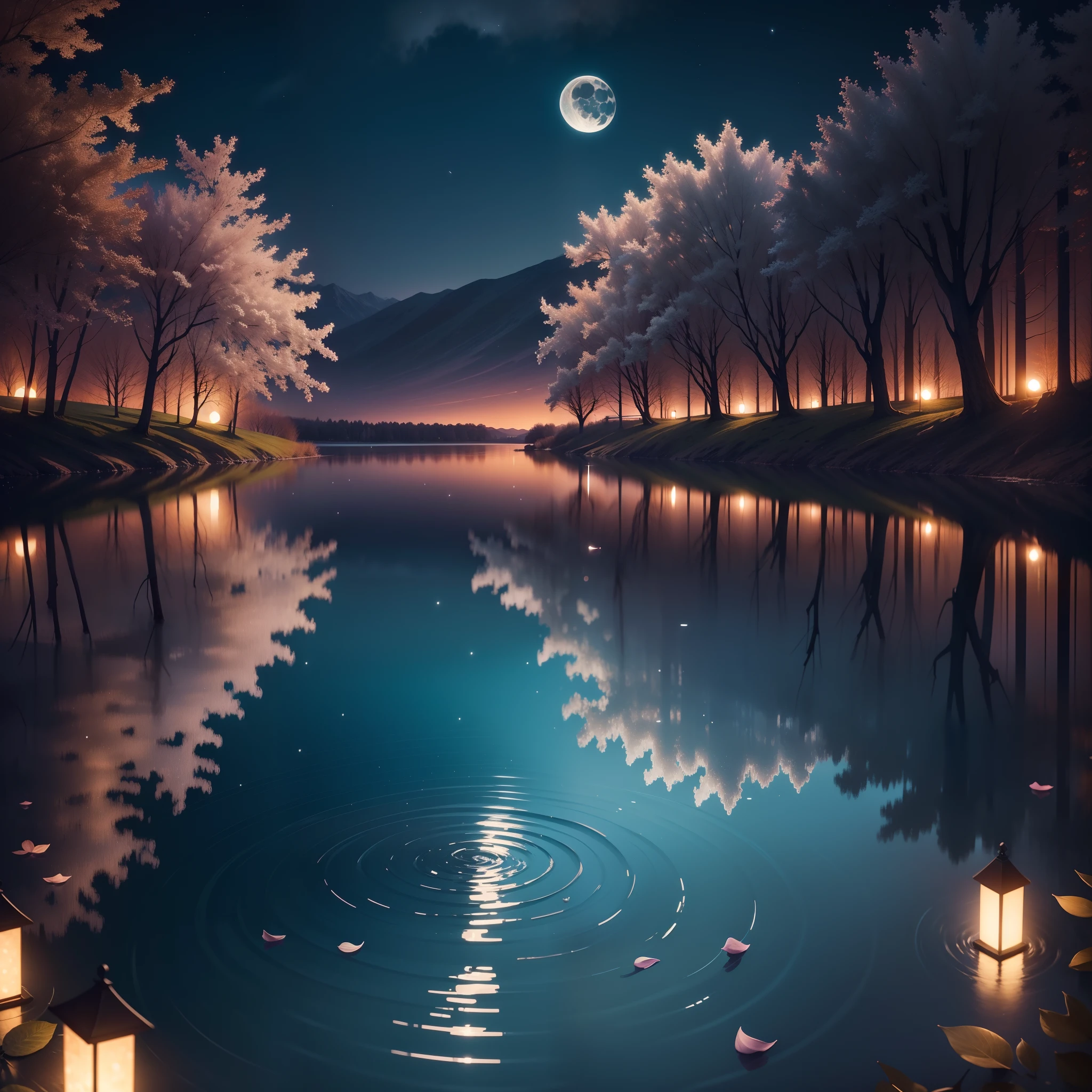 Night with moon,Moonlight sprinkles on the lake,The surface of the water is sparkling,The reflection of the willow trees by the lake