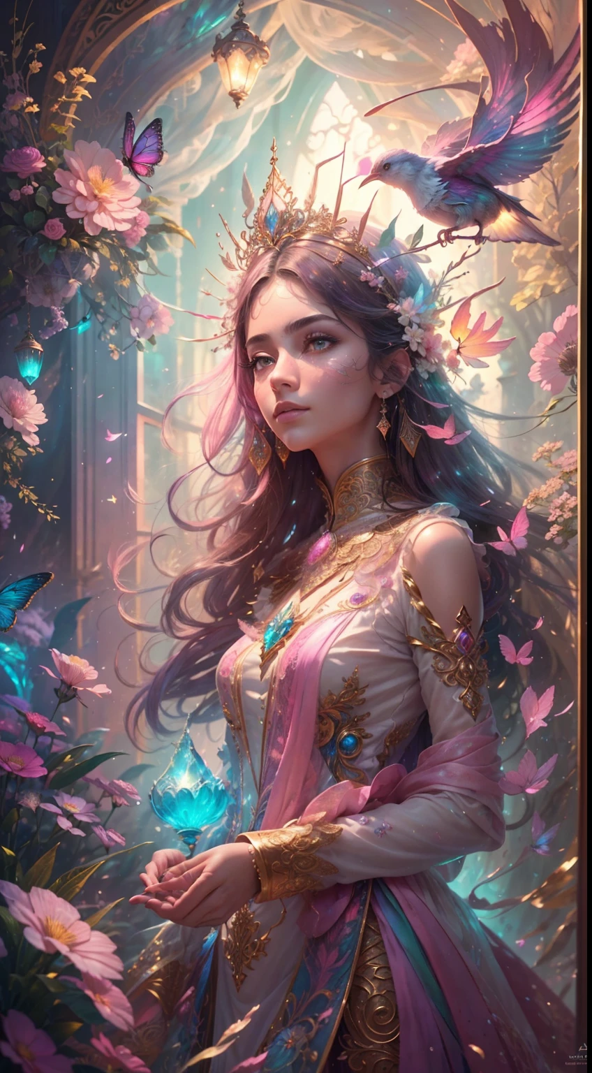 (((masterpiece))), (((best quality))), ((ultra-detailed)),(highly detailed CG illustration), ((an extremely delicate and beautiful)),cinematic light, Create a stunning fantasy artwork that mimics the style of currently trending masters of the genre. The art piece should contain elements of both mythic fantasy and fairytale fantasy with colorful accents. ((Utilize various shades of pink and watercolor pastels as the main color scheme.)) The character in the artwork is a delicate but strong petite figure with an aura of mystery and magic. Pay close attention to intricate facial features, such as mesmerizing eyes with vibrant colors and bold shading. The character's clothing should be designed with gossamer feathers, silk, stunning embroidery, and subtle iridescent details. Incorporate dreamy colors, dynamic lighting, and detailed background elements to create a sense of awe and immersion. Include colorful flying magical birds and jewel-toned butterflies radiating a magical aura. Consider the latest trends in fantasy art, such as incorporating unique lighting effects, exploring dynamic and compelling composition techniques, and experimenting with unique color palettes. Take inspiration from the top artists on ArtStation and Midjourney. Camera: Choose an angle that highlights the character's beauty and enhances the magical majesty of the artwork. Lighting: Utilize atmospheric lighting techniques to create depth and mood. Resolution: Aim for a high-resolution artwork to showcase intricate details and clarity. Art Inspirations: Seek inspiration from the trending artists on ArtStation, exploring different styles, genres, and themes.