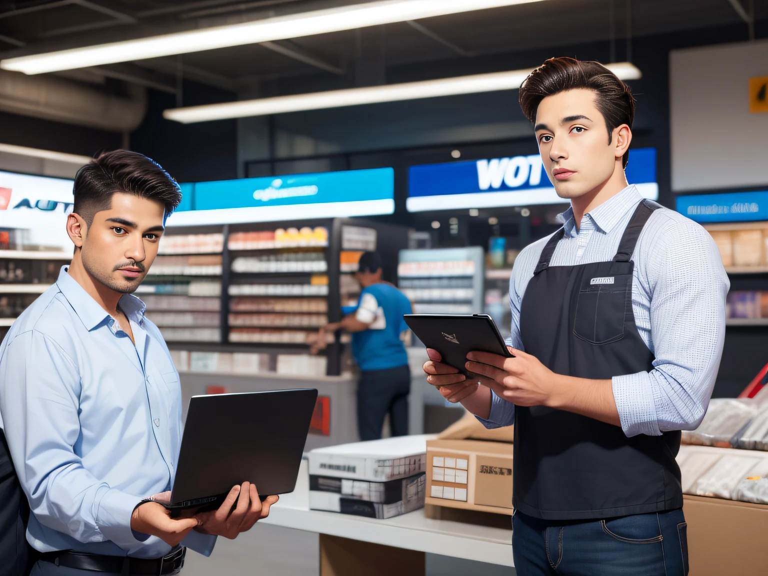2 men,Shop for car supplies in casual wear at the auto supply supermarket,sface focus,Extreme depiction of facial detail