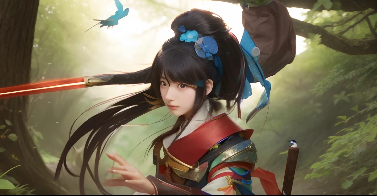Japan girl with sword and bird flying around her、in woods