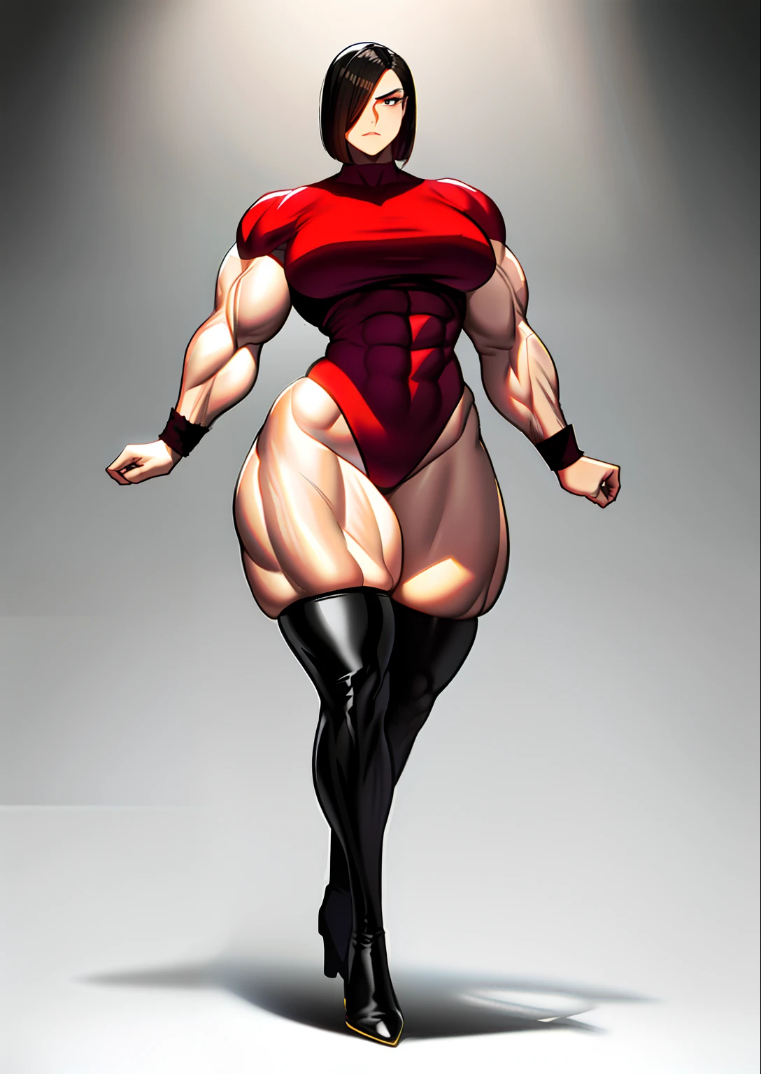 tmasterpiece,The best lighting,Full body like,Walk,Burly woman,Exaggerated large muscles,blackstockings,Pointed-toe boots,Beautiful and charming woman face, 1female,Thin waist,Very broad shoulders, Strong and powerful arms,Stout arms,Thick and powerful leg muscles,long leges
