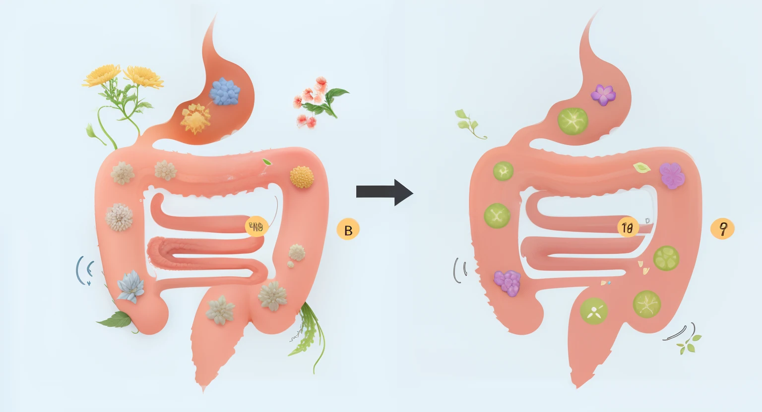 Mimic the left and right subgraphs above，The picture on the left shows the intestinal flora disorder，The picture on the right shows the intestinal homeostasis restored under the action of probiotics。