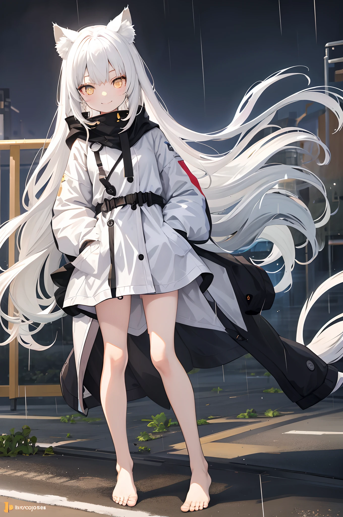 Long white hair,,cat ear,Golden pupils,sandbeach,little bit of raining,deep in the night,full bodyesbian,wind coat,leisure wear,Barefoot,Bare legged,Smiling face,sideways standing,sideface,Put your hands in your pockets, sprout,Poor milk