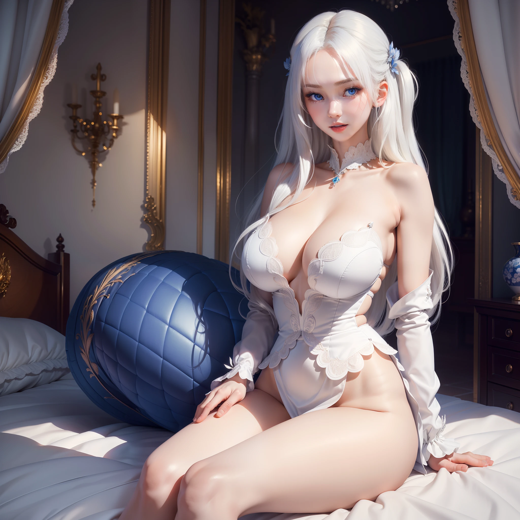 (Masterpiece), (Best quality), (Ultra-detailed),(Best shadow:0.7), (Best Illustration), (An extremely delicate and beautiful), Photorealistic, finedetail, 1个Giant Breast Girl, Solo, full bodyesbian, on top of the bed, Sitting, (wariza:1.22) finely detailed iris, Fine hair, (sound) from kantai collection, White hair, Blue eyes,