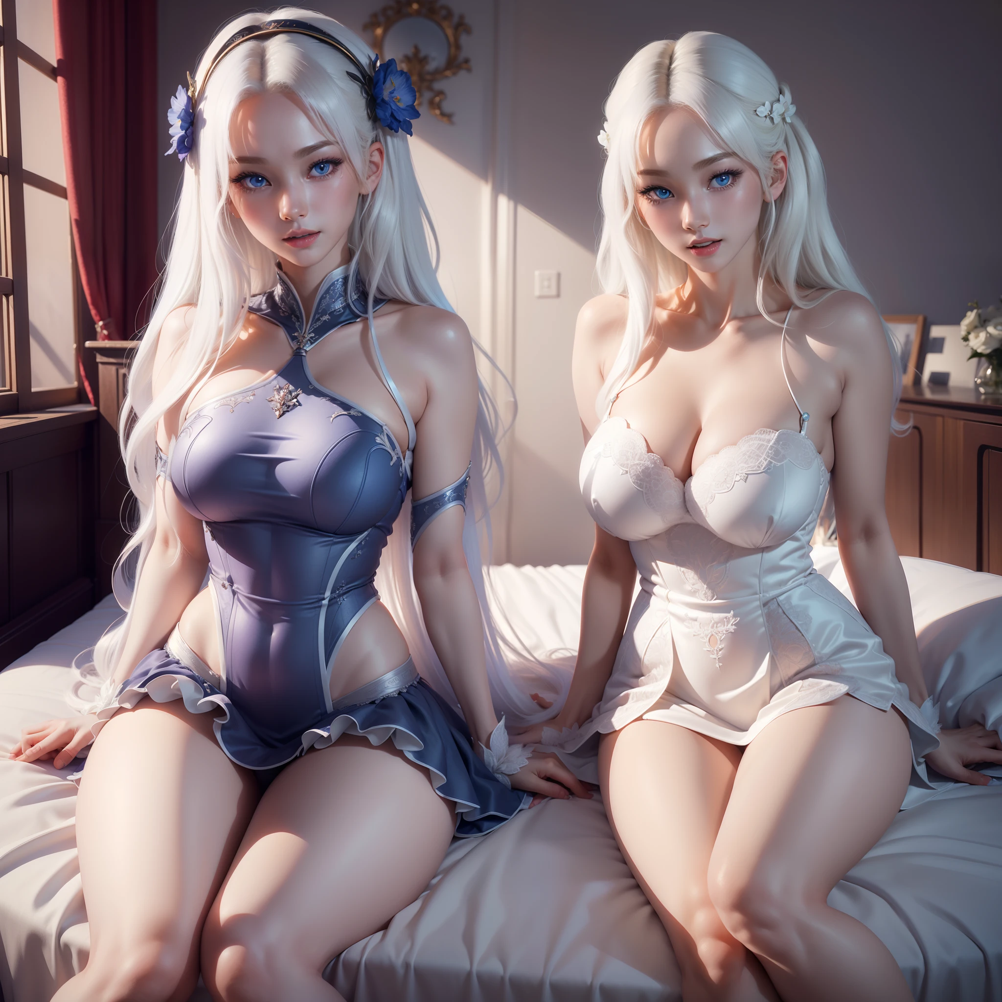 (Masterpiece), (Best quality), (Ultra-detailed),(Best shadow:0.7), (Best Illustration), (An extremely delicate and beautiful), Photorealistic, finedetail, 1个Giant Breast Girl, Solo, full bodyesbian, on top of the bed, Sitting, (wariza:1.22) finely detailed iris, Fine hair, (sound) from kantai collection, White hair, Blue eyes,