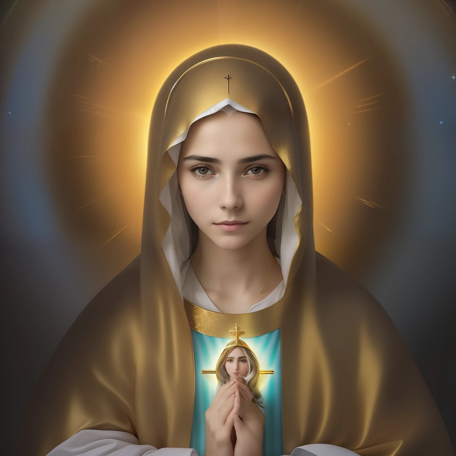 (((Saint Virgin Mary. 19 years old))) ((( Con una cara seria y piadosa. Con una mirada dulce y tierna))) (obra maestra, calidad superior, mejor calidad, arte oficial, beautiful and aesthetic: 1.2), (1girl), extremadamente detallado, (Arte fractal: 1.3), colorido, highest detailed, Cara perfecta, parte superior del cuerpo, HDR, (orando: 1.3), (golden lines of white coat: 1.2), galaxia, (rayas de luz), eye-catching visuals, (dynamic stripes, senderos luminosos: 1.2), colores vibrantes,