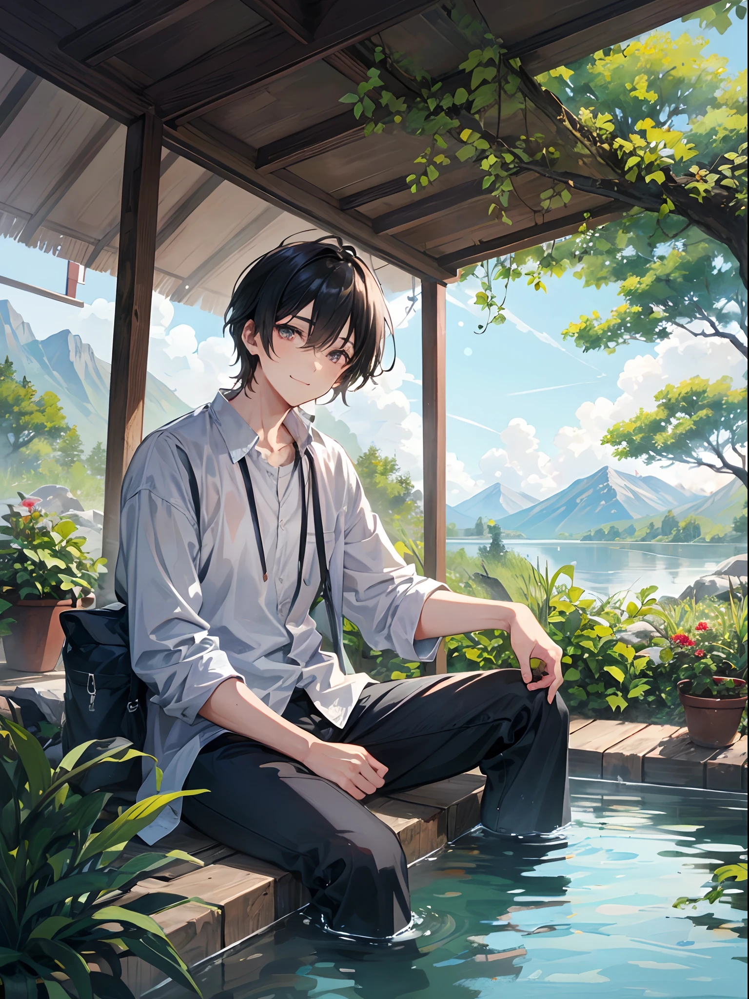 (1man), young man, solo, beautiful detailed eyes, {{{masterpiece}}}, {{{best quality}}}, {{ultra-detailed}}, {illustration}, cinematic angle, {beautiful detailed eyes}, {detailed light},cinematic lighting. A man immersed in a natural hot spring, surrounded by a picturesque outdoor setting. The man is seated in the soothing warm waters, and his head tilted back. Steam rises from the surface, mingling with the mist that hovers over the surrounding mountains. Towering trees encircle the hot spring, providing a sense of privacy and seclusion. Soft sunlight filters through the foliage, casting dappled patterns on the water's surface. The sounds of chirping birds and rustling leaves add to the serene ambiance. The man's bare skin glistens with droplets of water, and a contented smile graces his face. The scene evokes a sense of natural beauty and rejuvenation, offering a moment of peaceful escape. Painting, using watercolors on textured paper, capturing the vibrant colors of nature and conveying the tranquility of the hot spring.