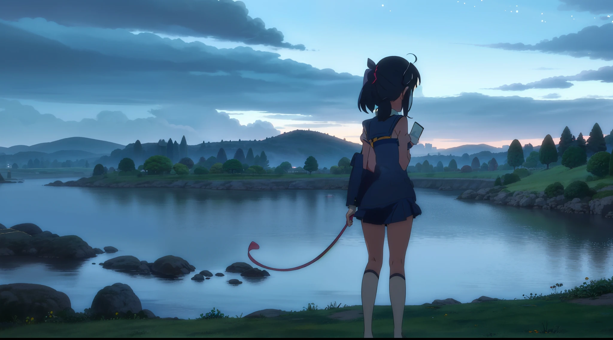 Girl , standing back to her back, sailor uniform, holding the letter on her hand, black hair, blue eyes, landscape night with star drop, her eye shine on the night, masterpiece, makoto shinkai, mishima kurone, holding the letter, landscape night, grass field