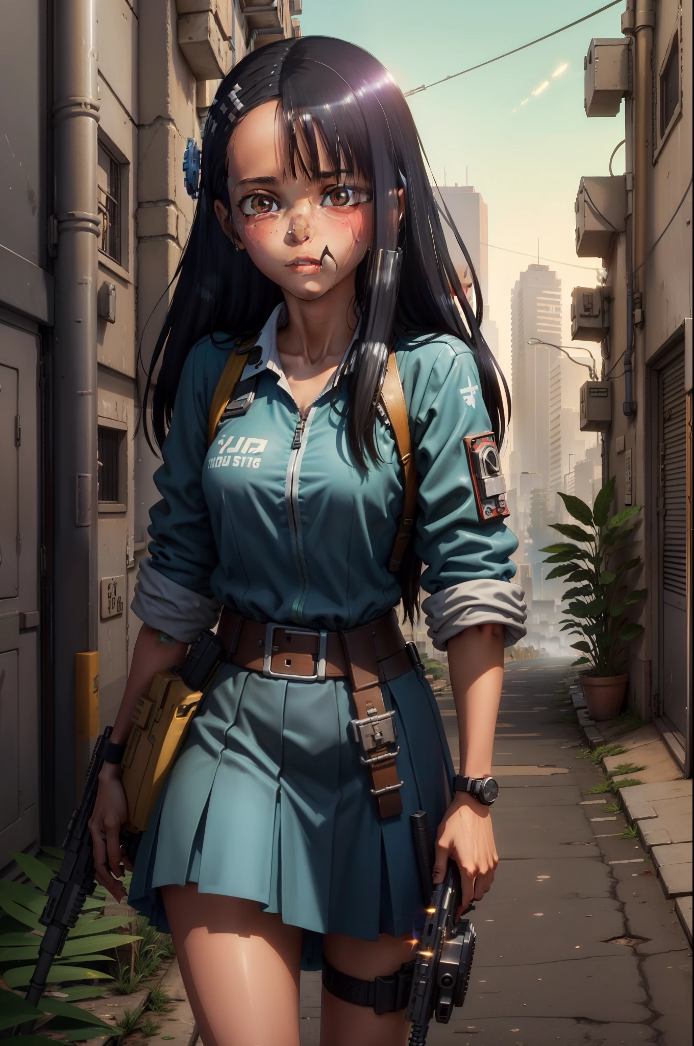 CIDADE CYBERPUNK,  Nagatoro segurando um rifle M16, luzes azuis noturnas