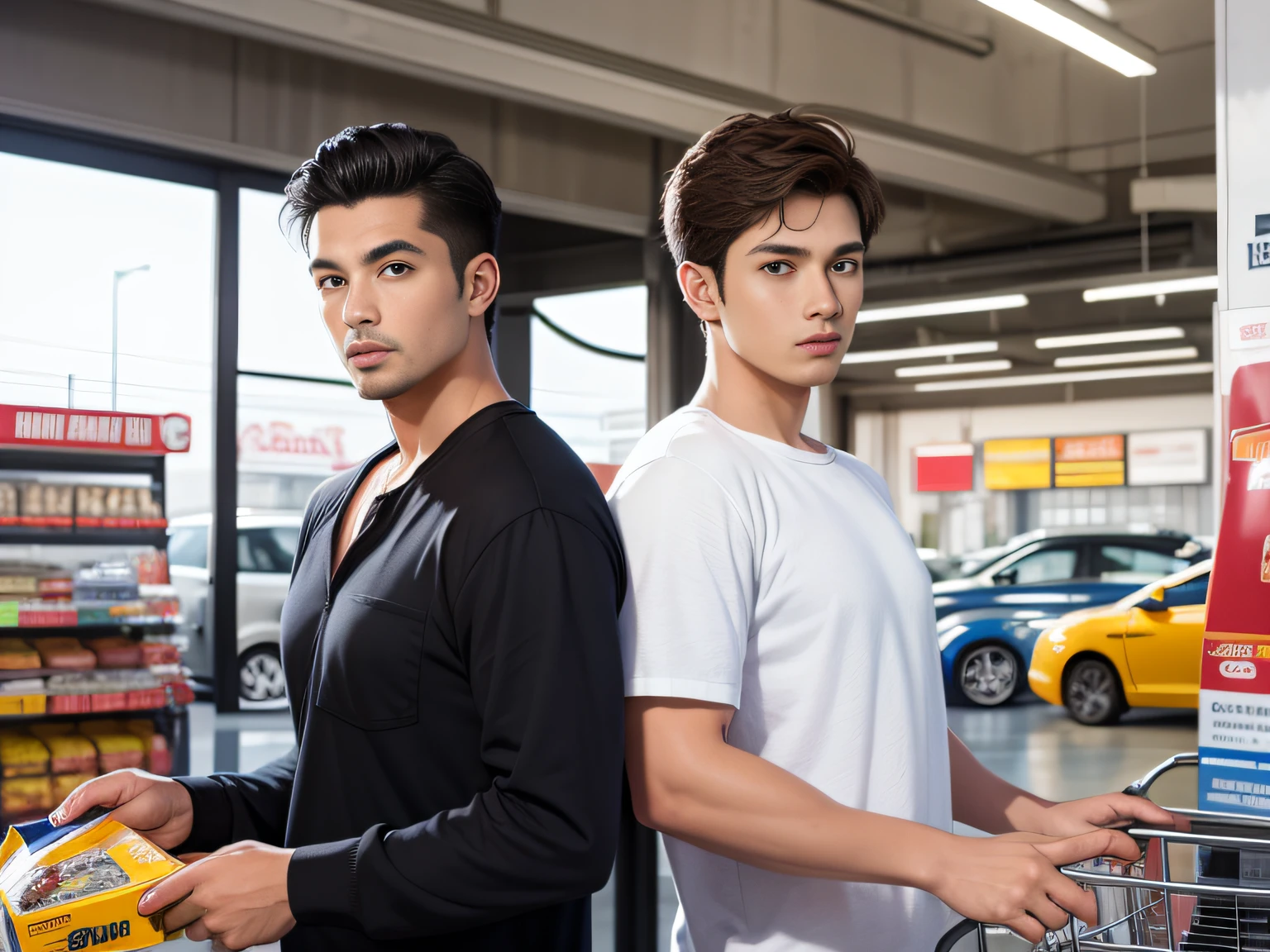 2 men,Shop for car supplies in casual wear at the auto supply supermarket,sface focus,Extreme depiction of facial detail