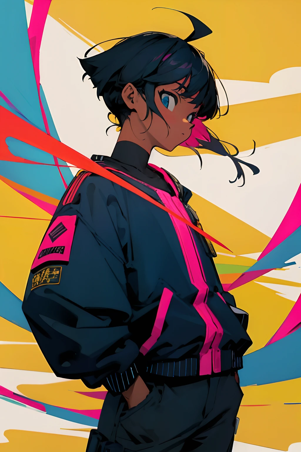 melhor qualidade, papel de parede 4K, obra-prima, extremamente detalhado CG unidade de papel de parede 8k, olhos extremamente detalhados, ultra-detalhado, detalhes intrincados, 1girl, estilo de arte retro, estilo de arte neon_pop, Public, ao ar livre, sinal de estrada, cidade,pele_negra, shortinho curto, jaqueta branca, cropped,coxas nuas, hands in a pocket, cabelo preto, cabelo curto, katana amarrada na cintura